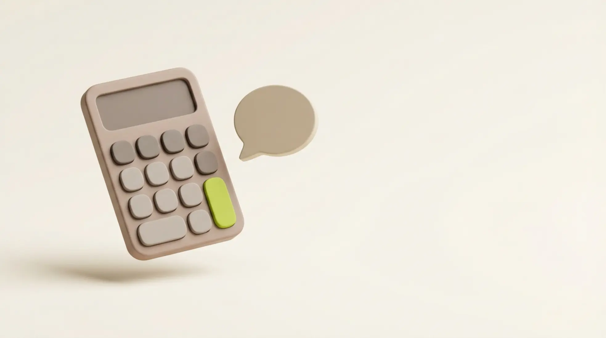 Minimalistische 3D calculator met limegroene knop naast een chaticoon op lichte achtergrond met veel lege ruimte rechts