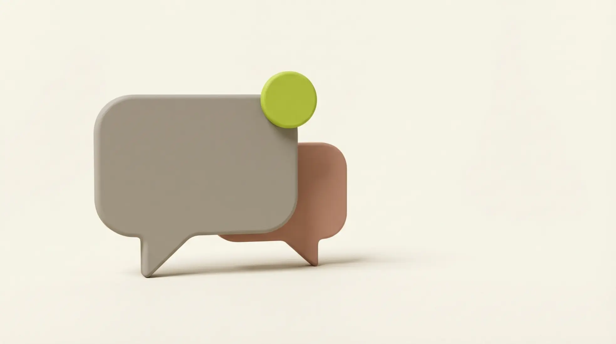 3D render van grote matte grijze chatbubbel met groene notificatie en kleinere bubbel erachter op lichte achtergrond met veel lege ruimte rechts