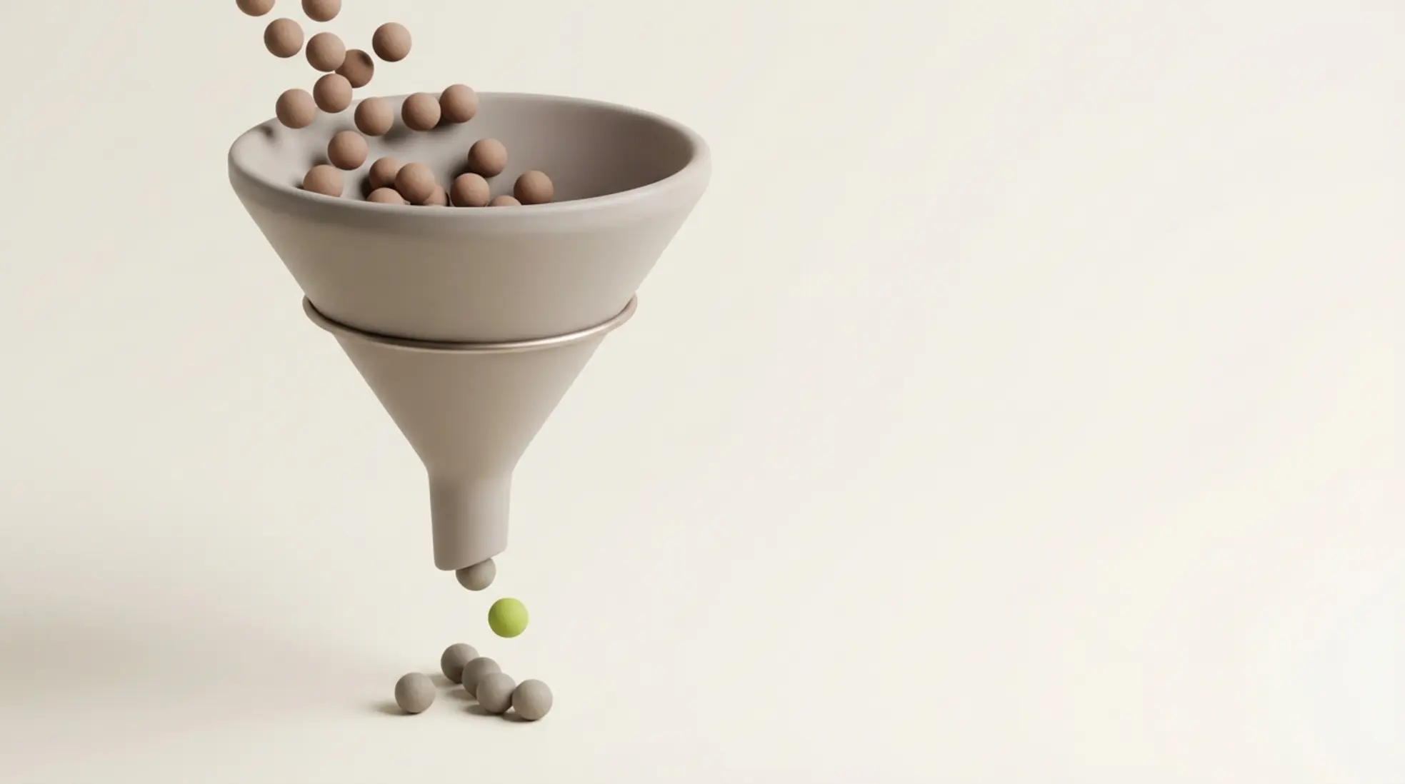 3D trechter met grijze bollen die boven instromen en minder onder uitkomen met één groene bol als succesvolle kandidaat op lichte achtergrond