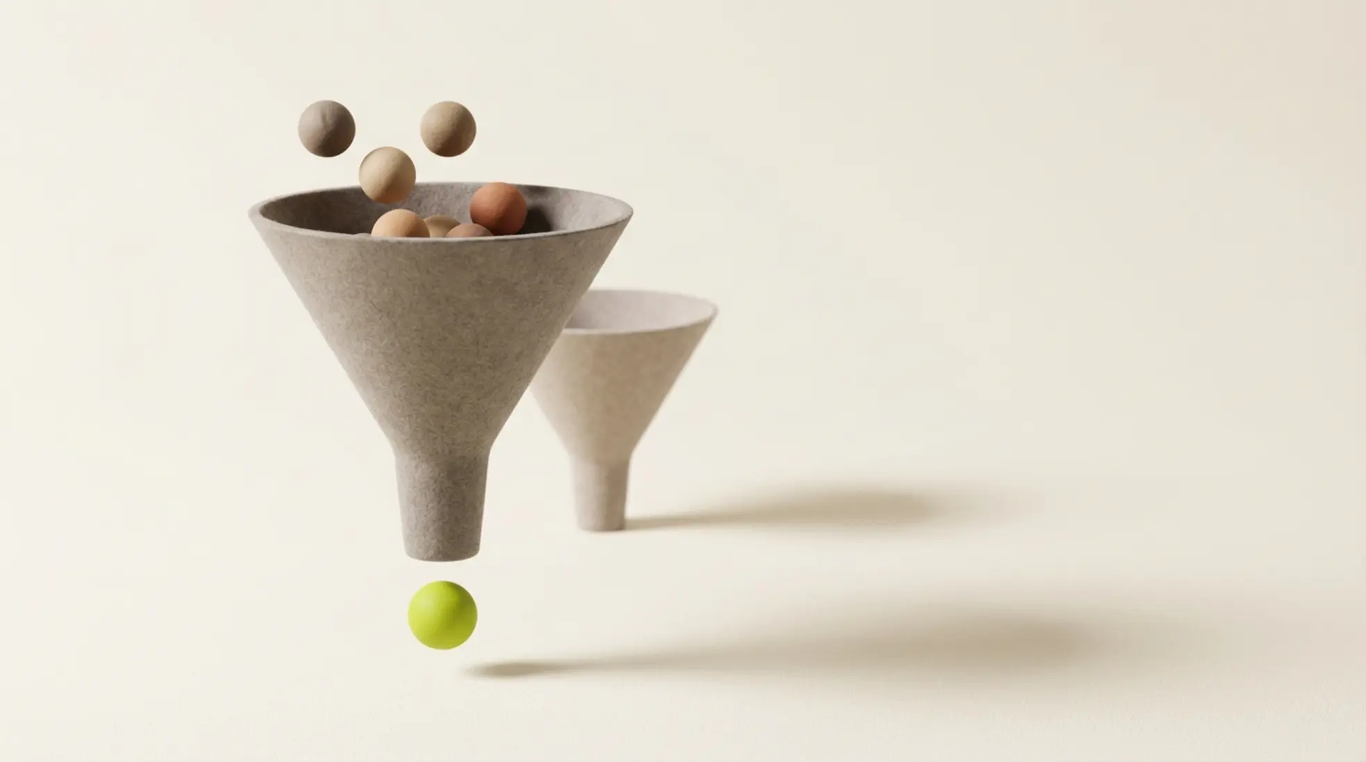 3D render van matte trechter met kleine neutrale bollen die bovenin gaan en één felgroene bol die onderaan eruit komt op lichte achtergrond