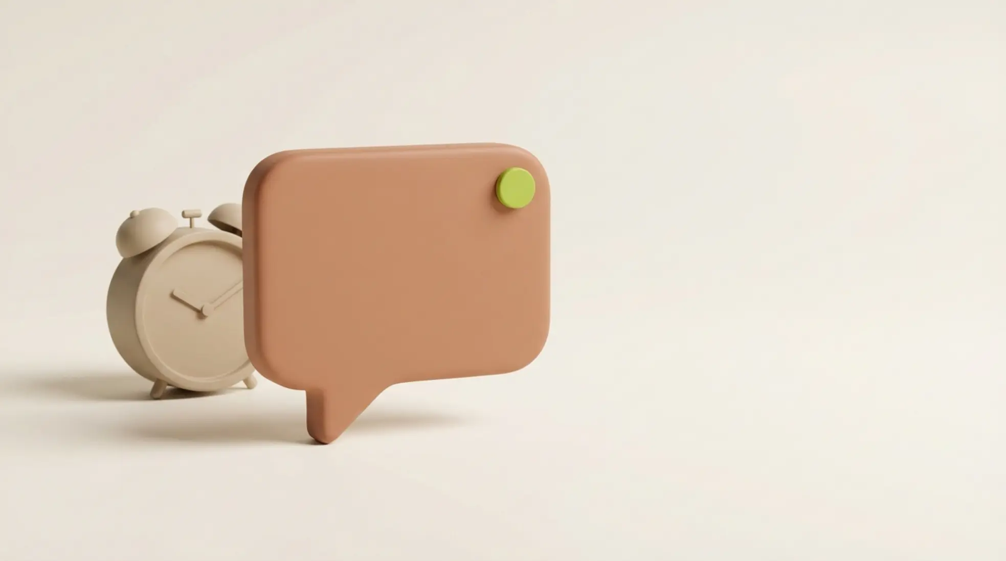 3D render van chatbel icoon met klein klokje erachter op lichte ondergrond, minimalistisch en zacht verlicht met veel lege ruimte rechts