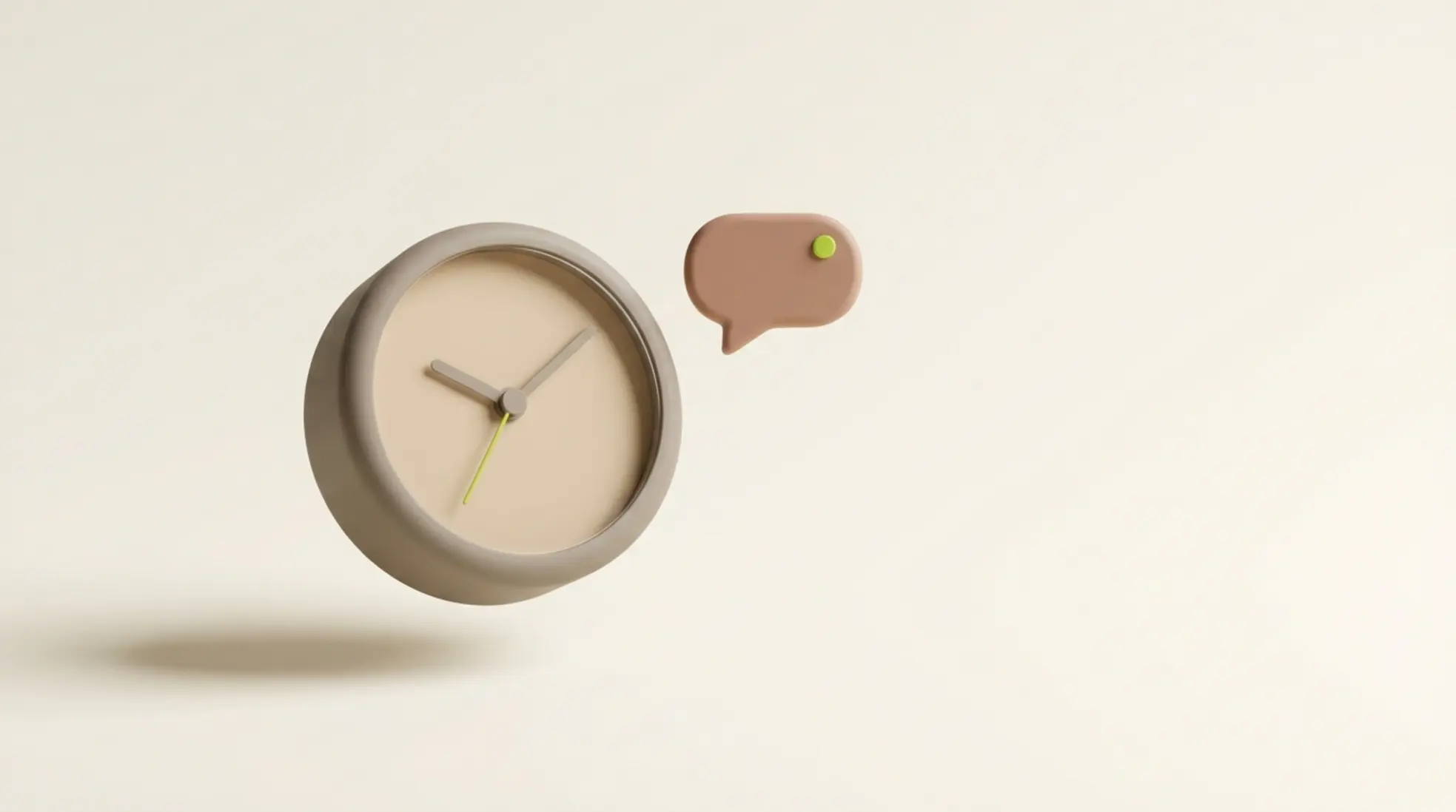 Minimalistische 3D weergave van analoge wekker in warm grijs met zandkleurige wijzerplaat en groene secondewijzer naast chatmelding op lichte achtergrond