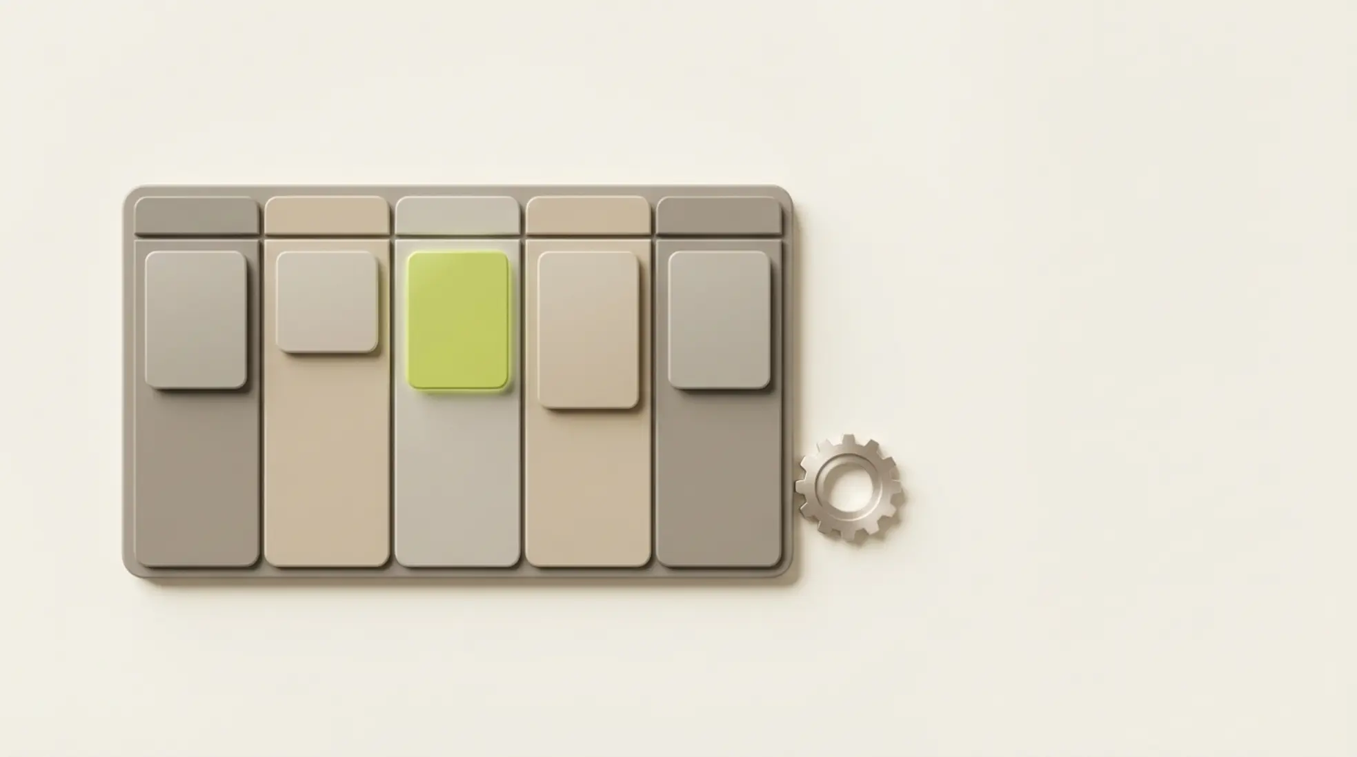 Minimalistisch 3D bord met recruitmentpipeline kolommen en kaarten in warme tinten met één groene kaart en klein tandwiel naast het bord