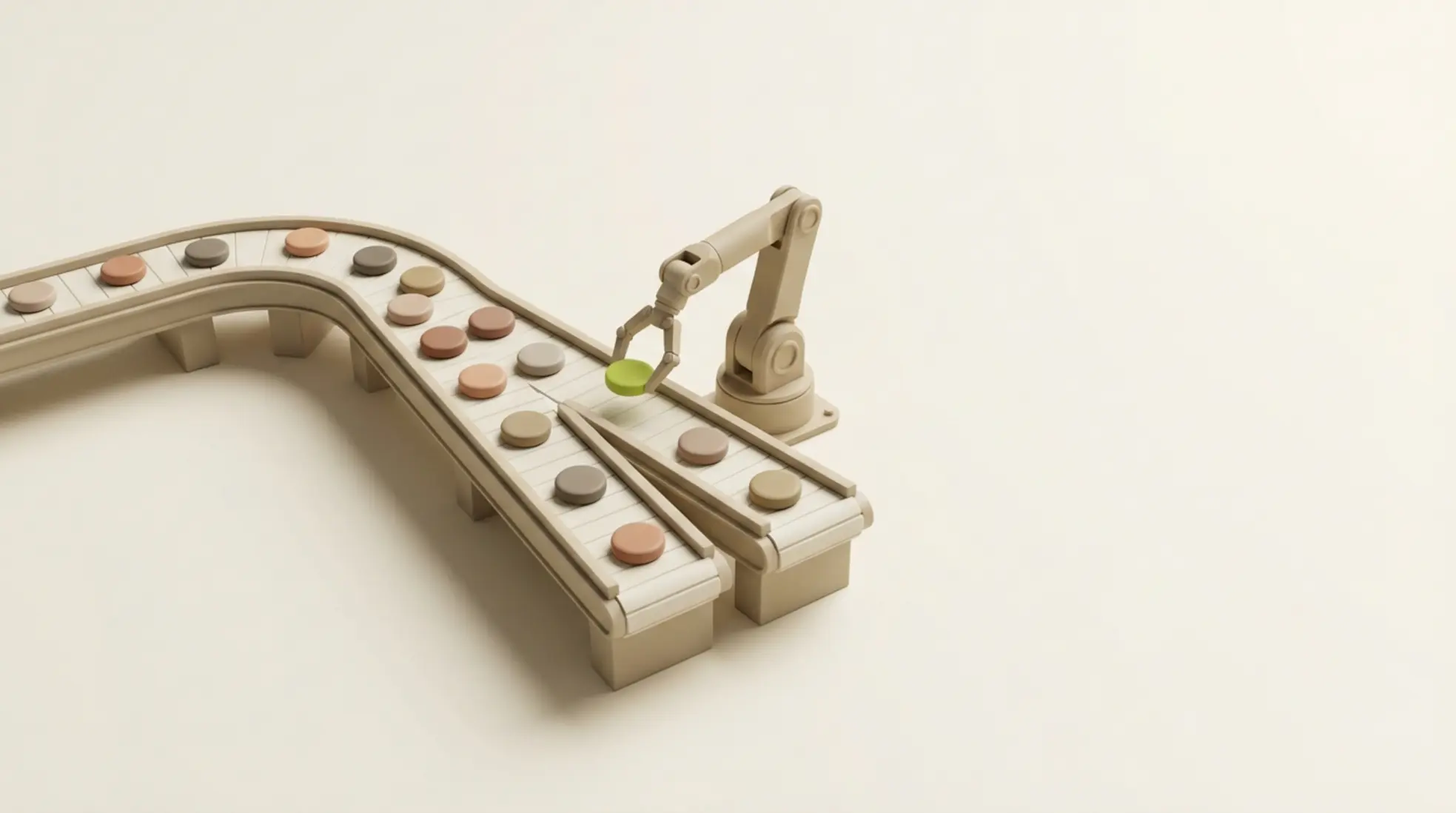 Minimalistische 3D lopende band met robotarm die een token selecteert, symbool voor geautomatiseerde werving en segmentatie