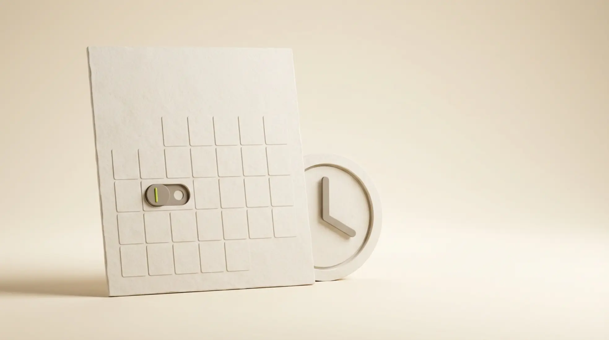 Minimalistische 3D kalender met uitgeschakelde schakelaar en klein klokicoon erachter, symbool voor abonnement opzeggen voor verlenging