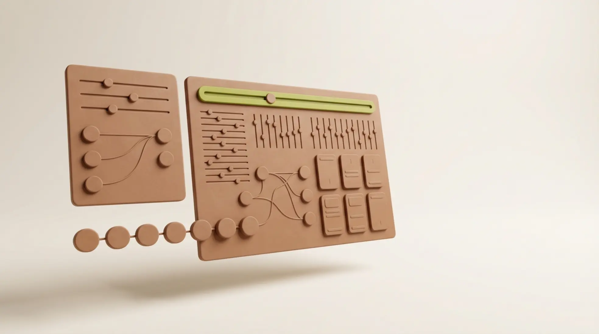 Minimalistisch 3D recruitment dashboard met klein paneel links en groter complex paneel rechts met verbonden nodes en subtiel groen accent op warme achtergrond
