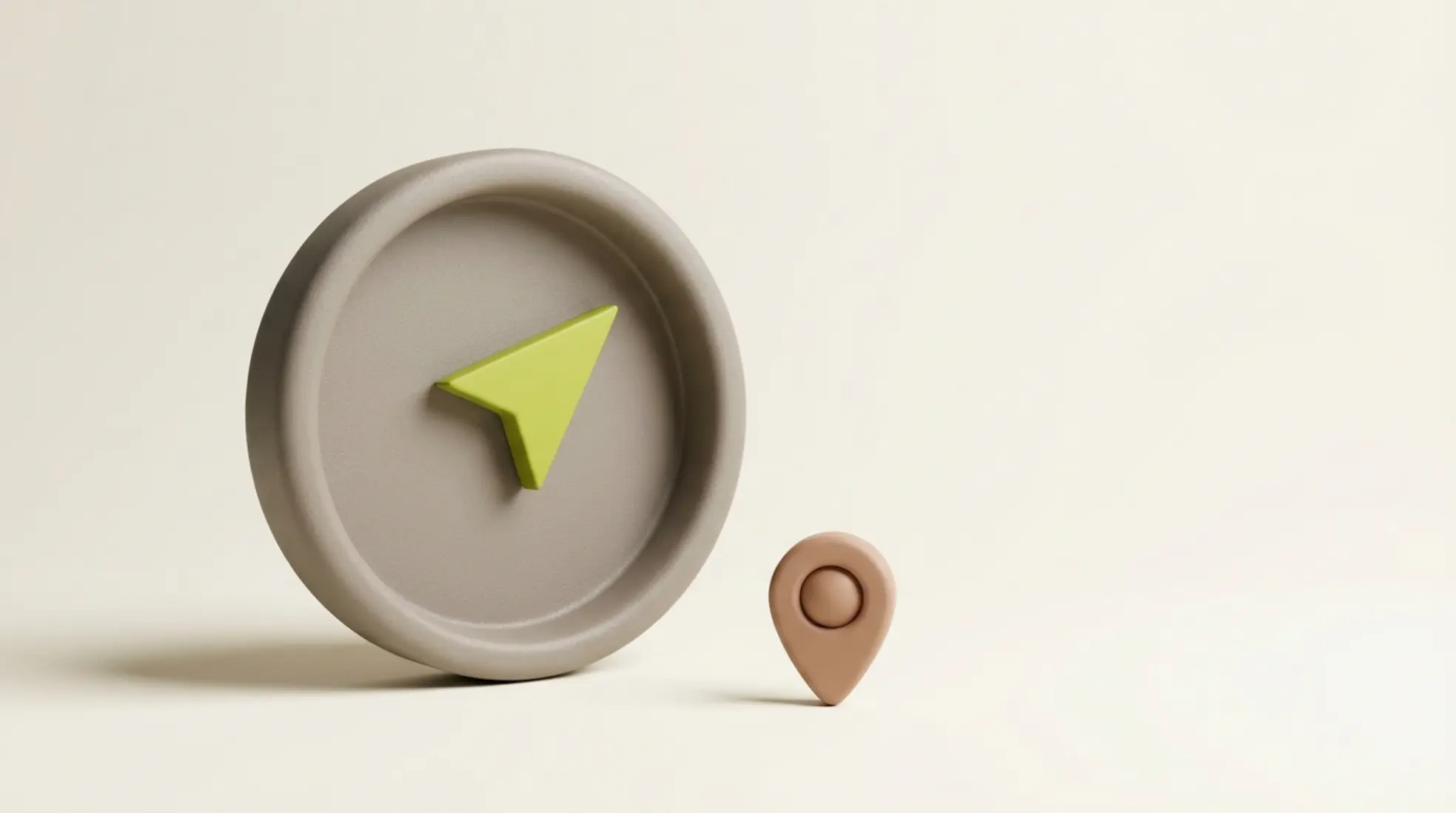 3D render van matte kompas met groene naald en kleine map pin op zachte crème achtergrond met veel lege ruimte rechts