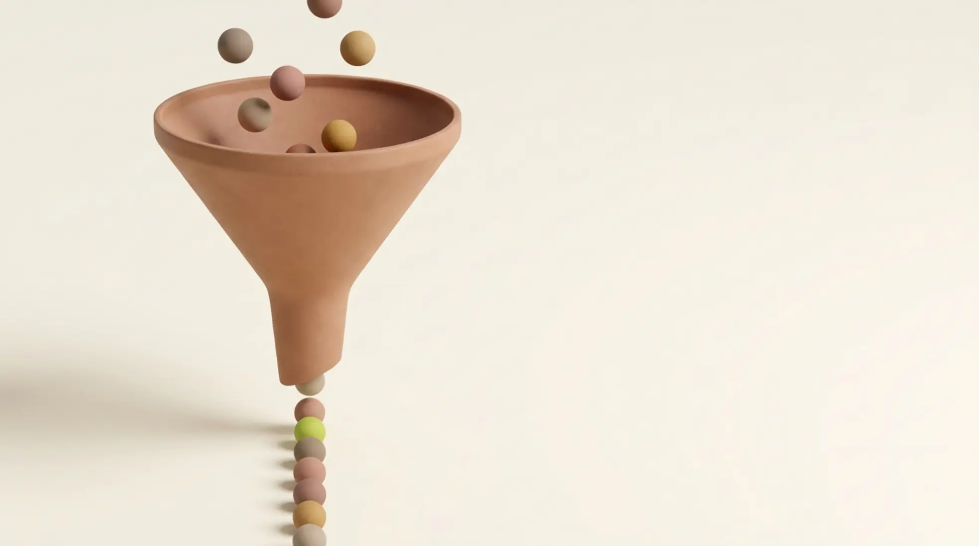 3D trechter die meerdere bolletjes bovenaan omzet in één stroom onderaan, met één limegroene bol als ideale kandidaat op lichte achtergrond