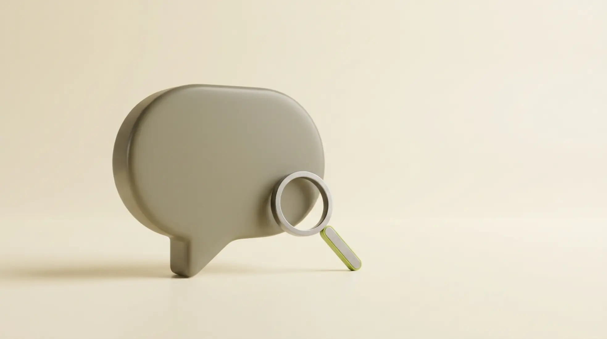 Minimalistische 3D chatballon met vergrootglas op warme lichte achtergrond veel lege ruimte rechts subtiele groene accentlijn en zachte schaduw