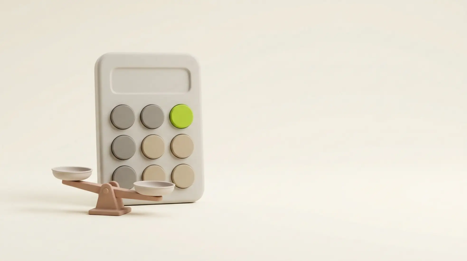 Minimalistische 3D render van matte rekenmachine met één groene knop en kleine balansweegschaal op warme lichte achtergrond met veel lege ruimte