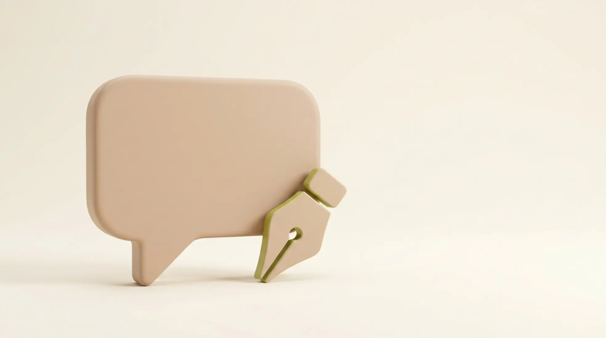 3D render van een matte chatbubbel met penpunt ertegen, warm lichtkleikleurig met klein limoengroen accent op zachte crèmekleurige achtergrond