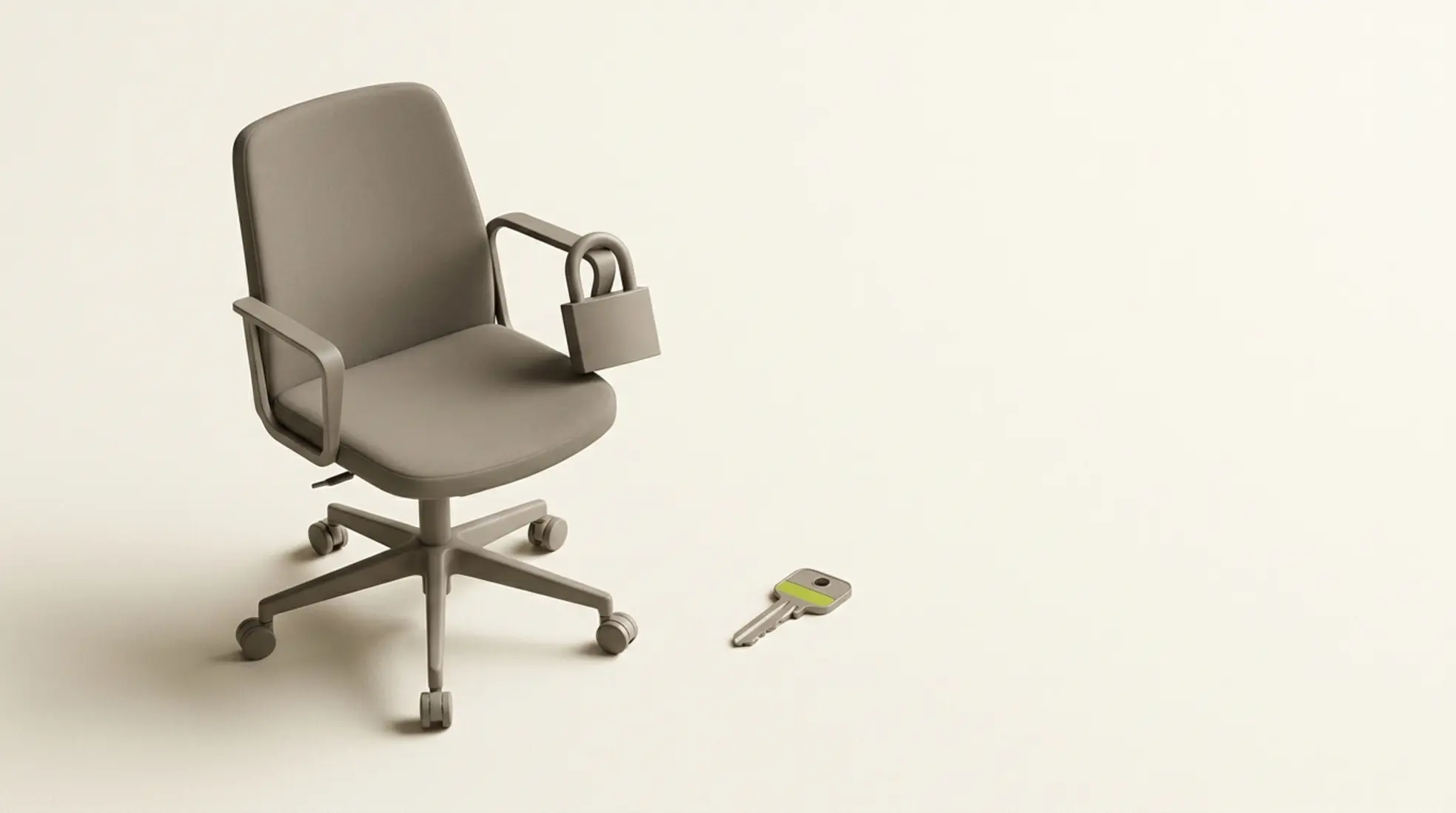 3D render van een moderne bureaustoel met hangslot aan armleuning en kleine sleutel ernaast op lichte achtergrond met veel lege ruimte