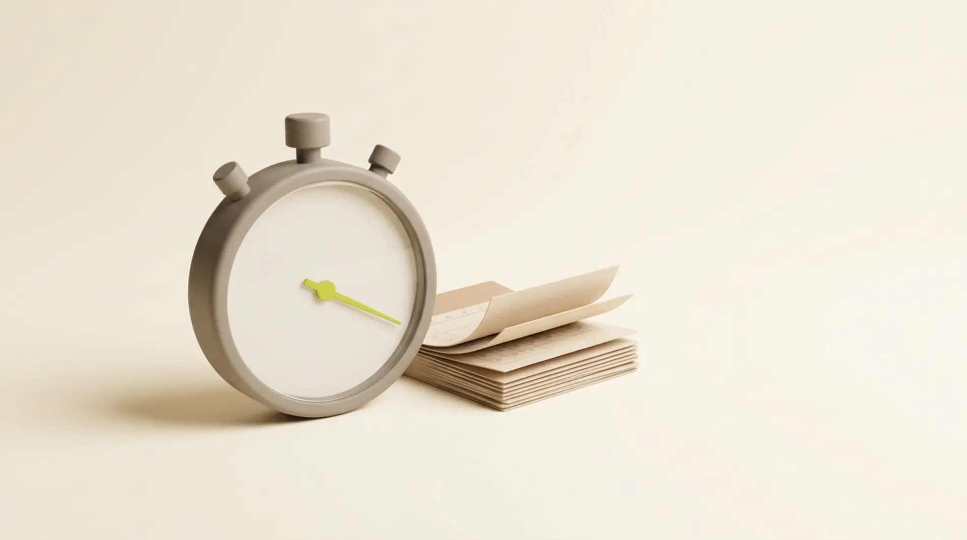 Minimalistische 3D stopwatch met groene secondewijzer naast dunne kalenderpagina’s, op warme lichte achtergrond met veel lege ruimte rechts