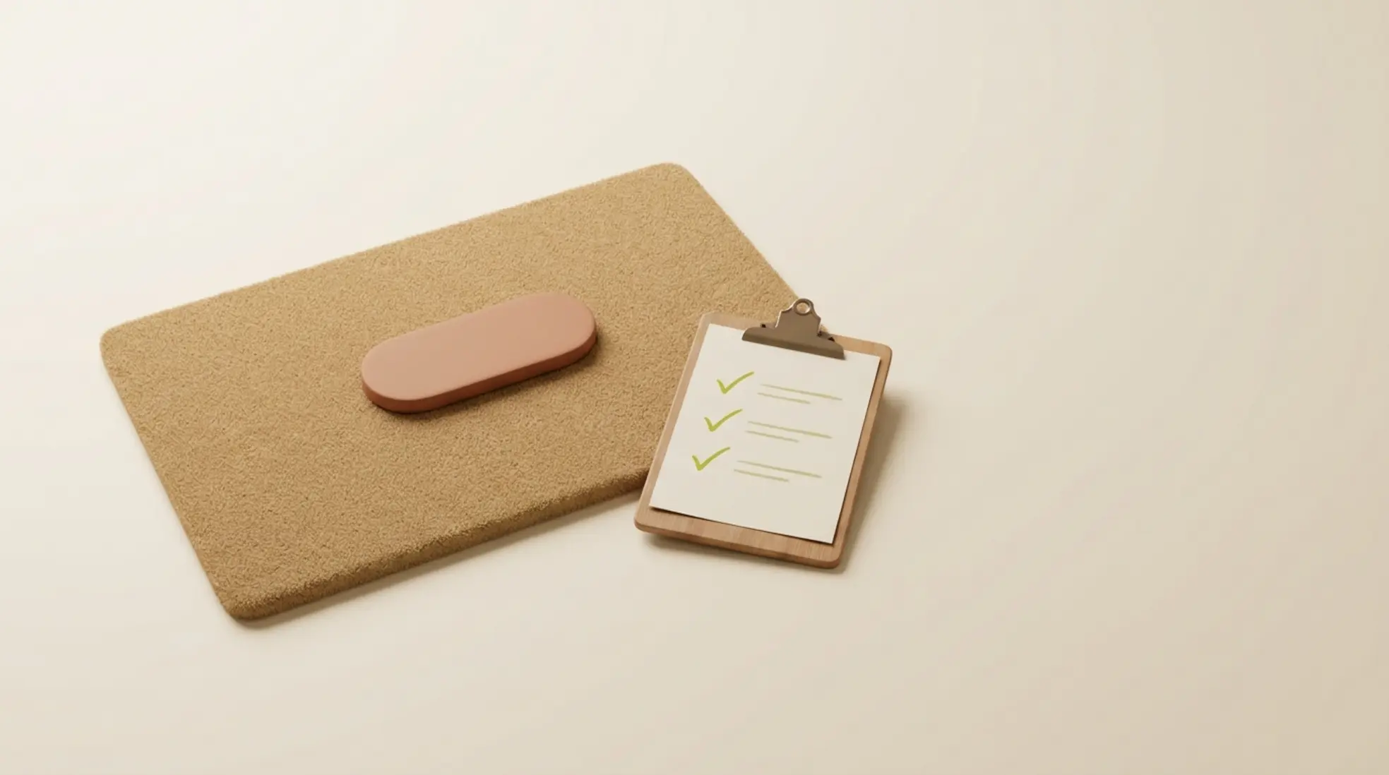 Minimalistische 3D render van welkomstmat met naamkaartje en klembord met checklist zachte belichting en lege ruimte rechts