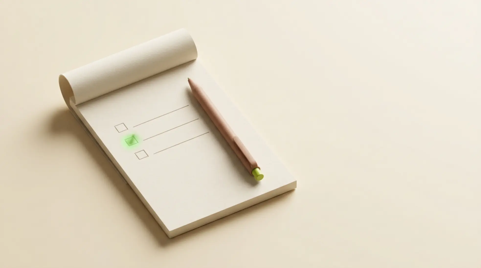 Minimalistisch notitieblok met checkboxen en matte pen, één vinkje groen gemarkeerd, op warme lichte achtergrond met veel lege ruimte rechts