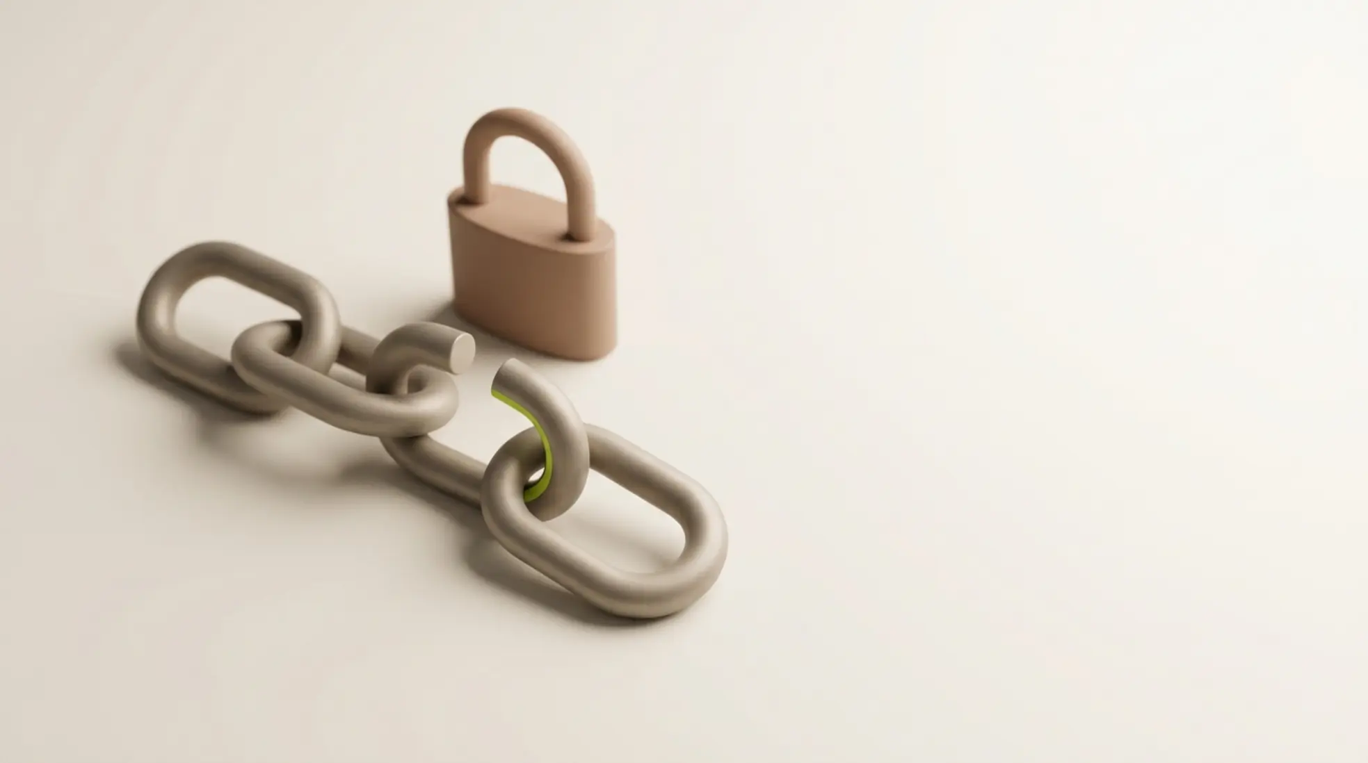 3D-render van twee schakels waarvan één losgetrokken, met subtiel hangslot erachter op lichte achtergrond met groene accentmarkering