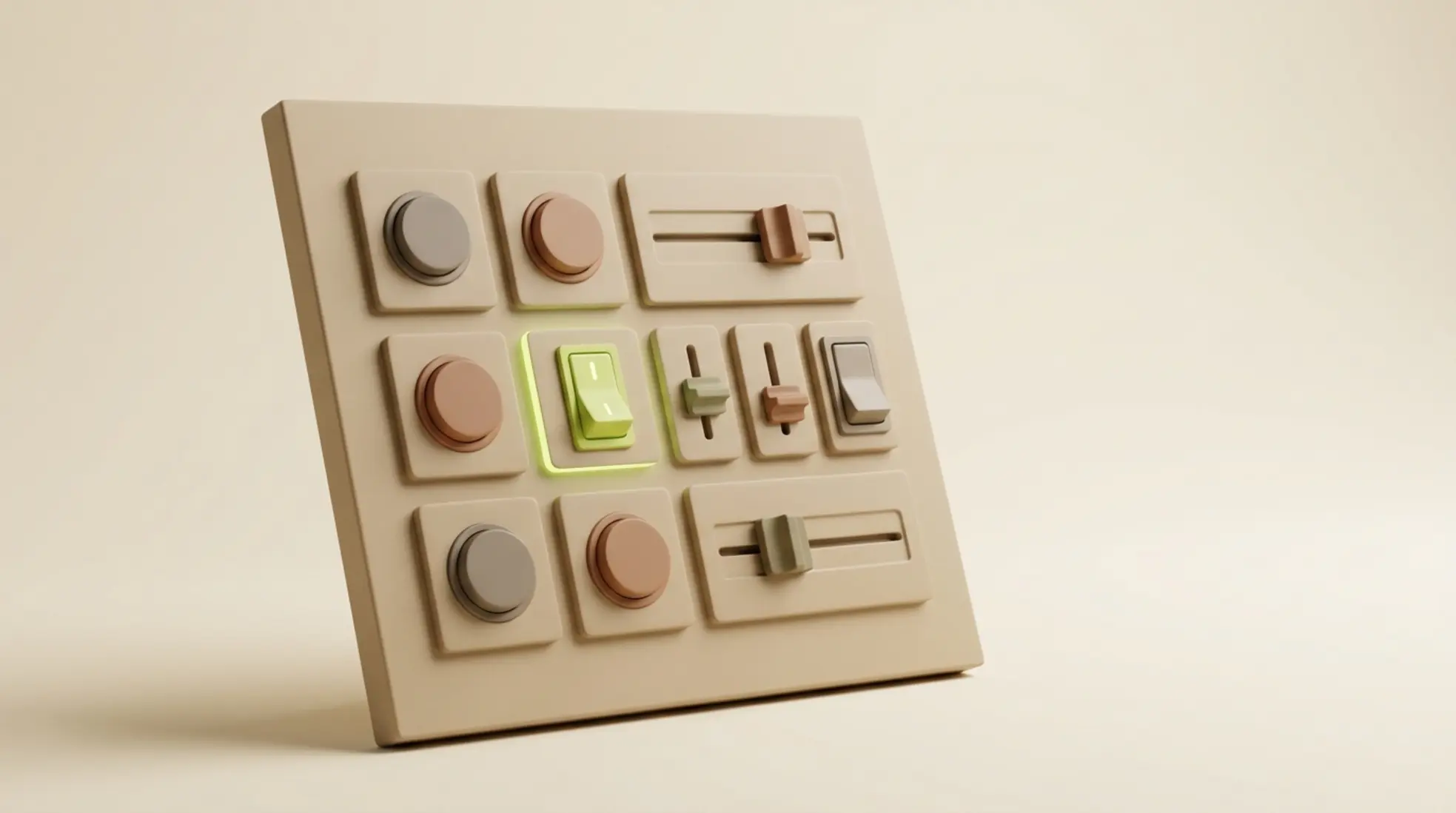Minimalistisch 3D bedieningspaneel met knoppen en schakelaars in aardetinten, één schakelaar lichtgroen geactiveerd op een rustige achtergrond