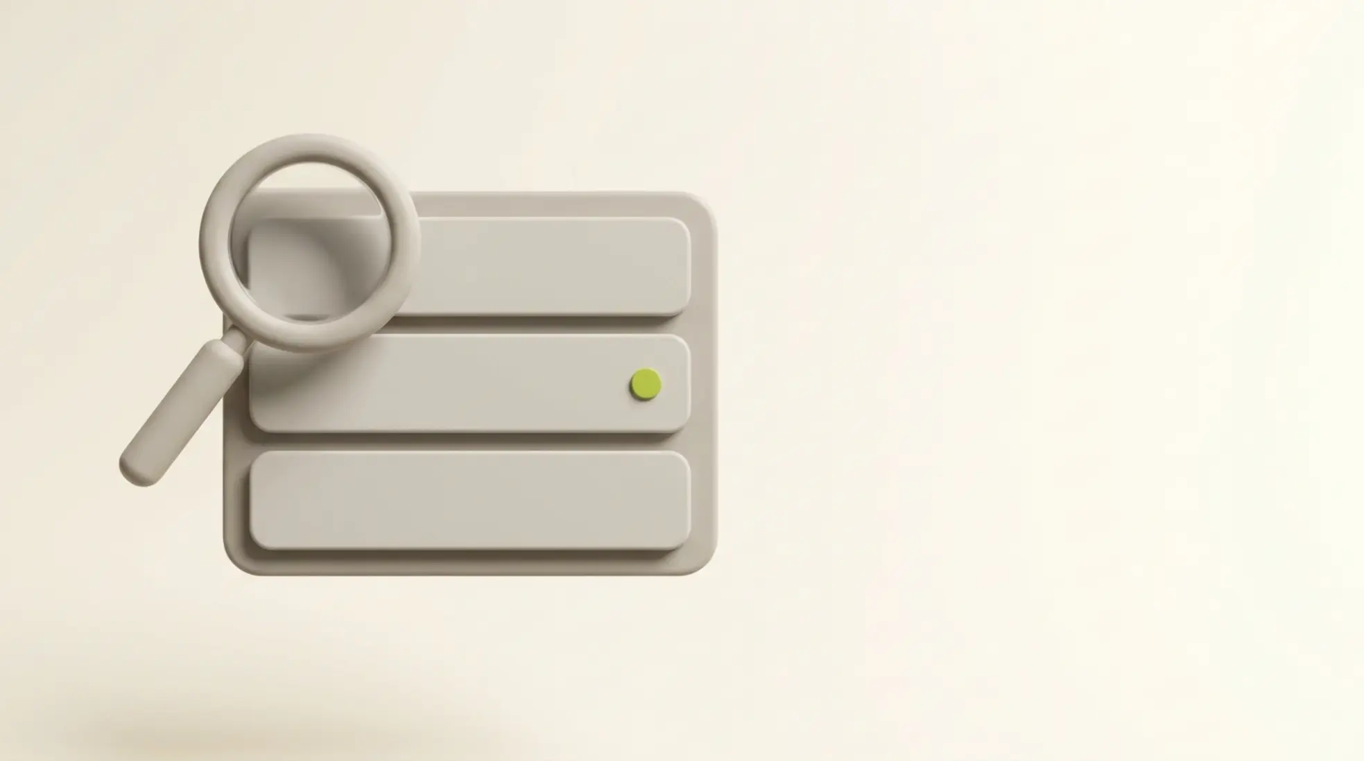 3D inboxpaneel met berichtenbalken en vergrootglas erboven en een groene notificatiepunt op warme lichte achtergrond met veel lege ruimte rechts