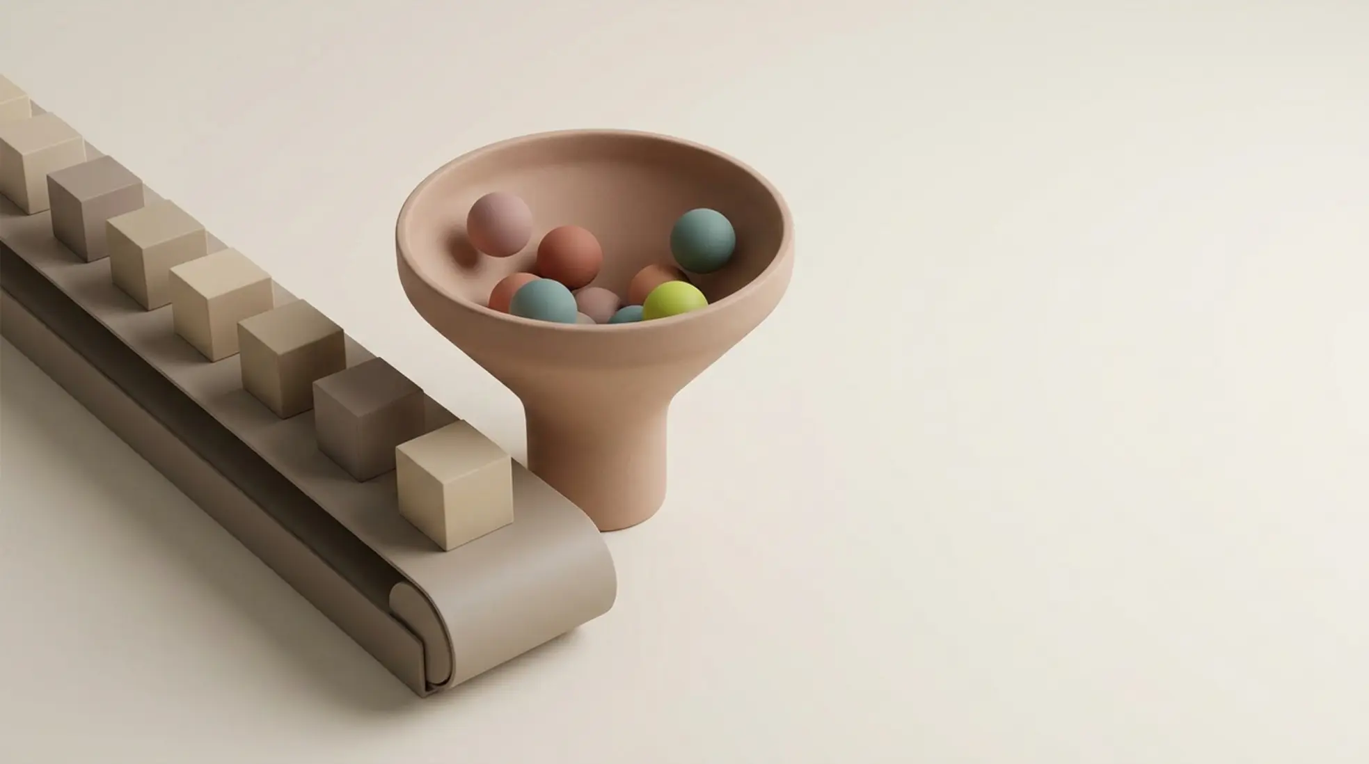 3D scène met transportband met blokken en trechter met cirkels, als vergelijking tussen gestructureerd proces en talentpool, minimalistisch en zacht verlicht
