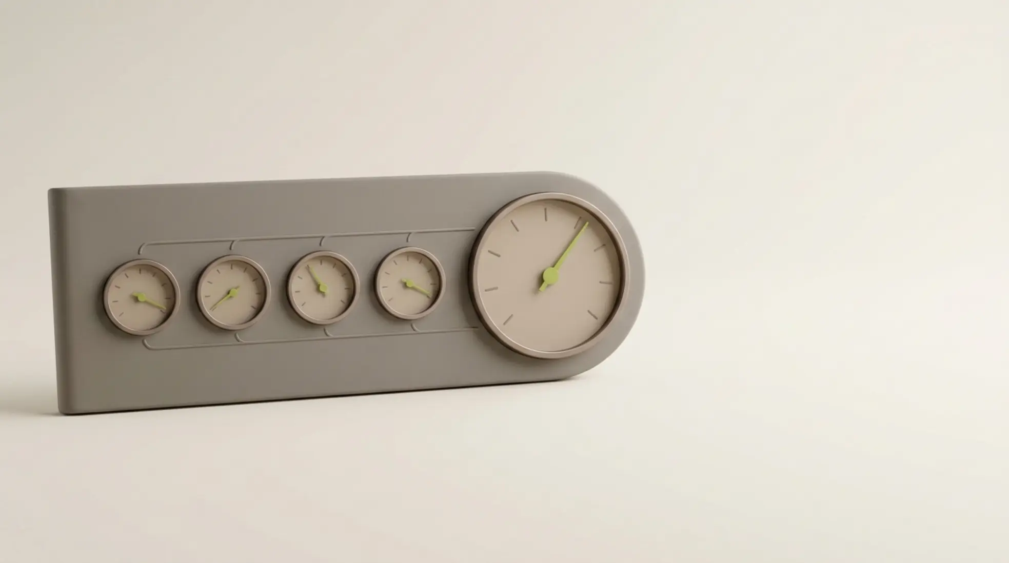 Minimalistisch 3D dashboard met vijf kleine ronde meters en één grotere centrale meter, zachte grijstinten en subtiele groene accenten, rustige studioverlichting
