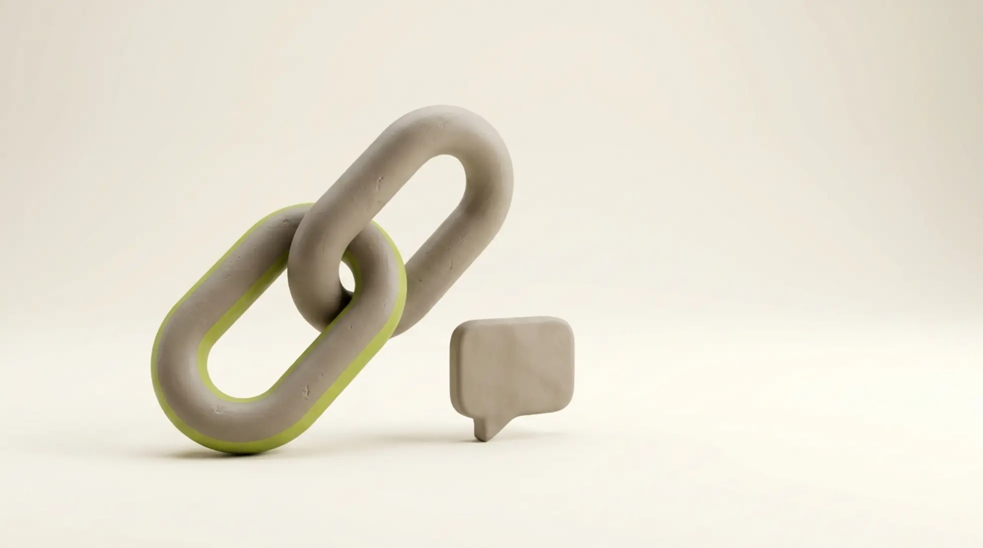 3D render van twee in elkaar grijpende kettingschakels met chaticoon op lichte achtergrond één schakel lichtgroen minimalistisch en ruimtelijk