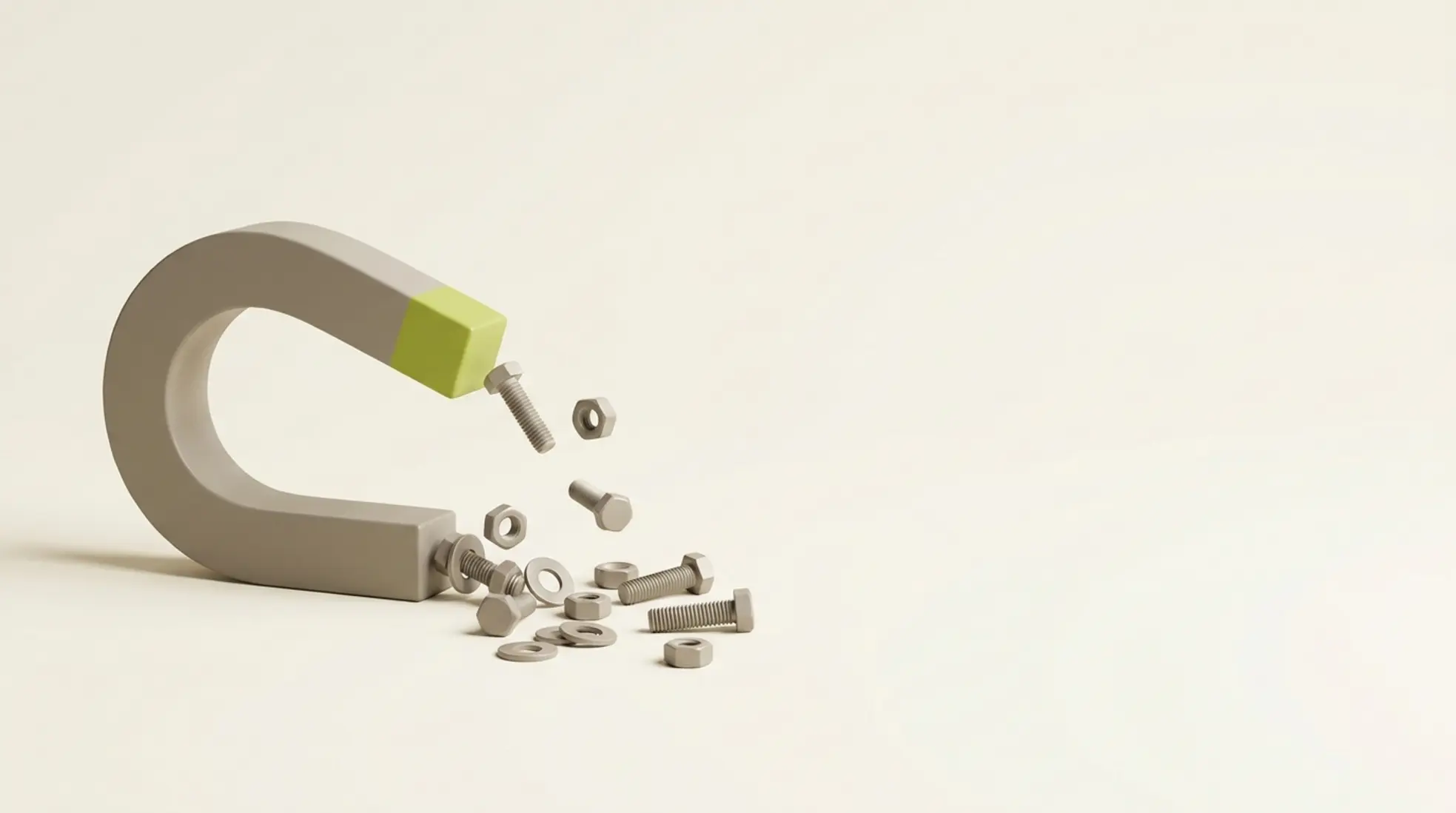 3D hoefijzermagneet trekt metalen bouten en moeren aan op lichte achtergrond symbool voor gerichte technische werving en aantrekken van vakmensen