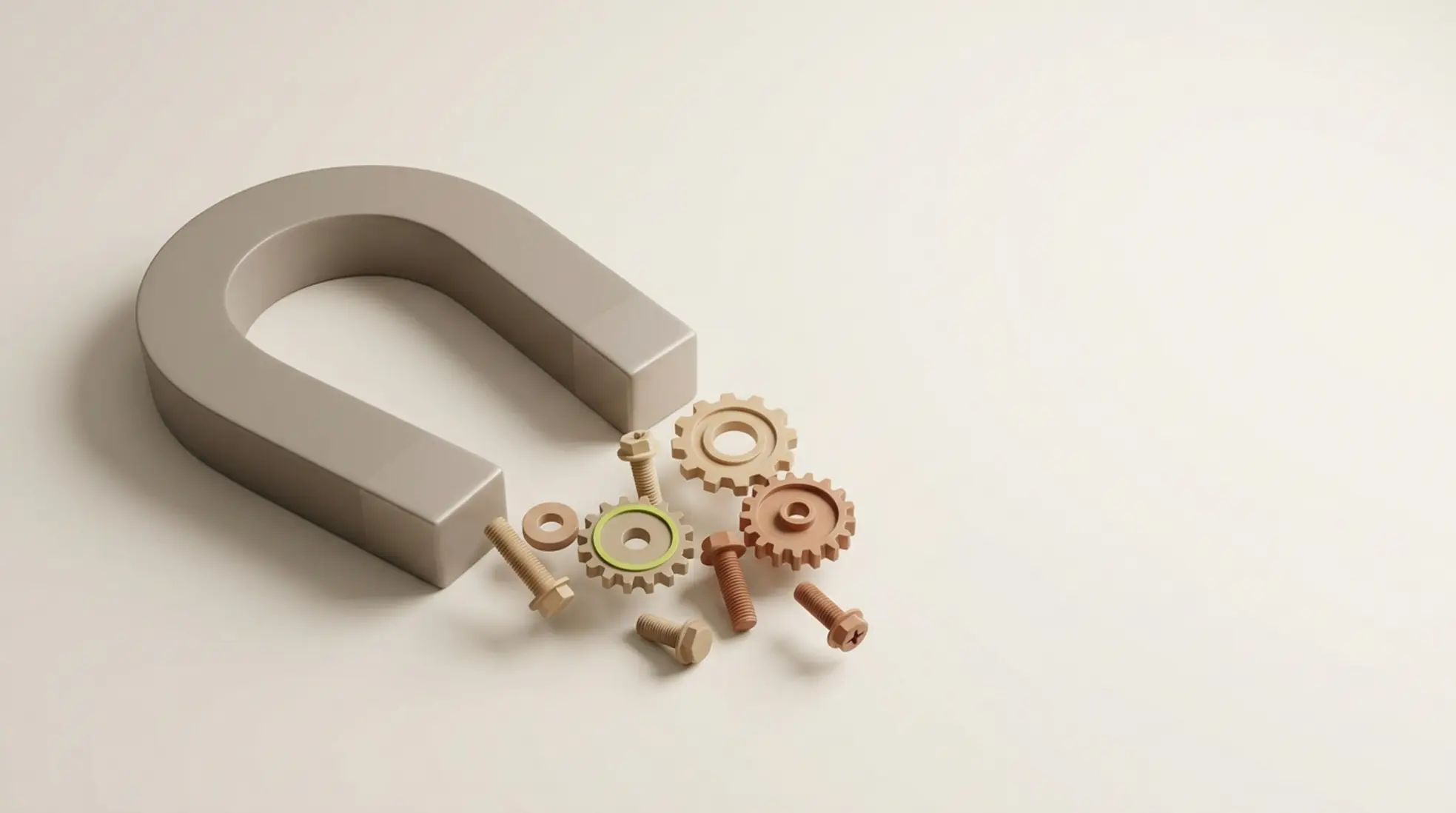 3D illustratie van een matte U-magneet die enkele tandwielen en bouten aantrekt in rustige aardetinten met één limegroen accent op lichte achtergrond