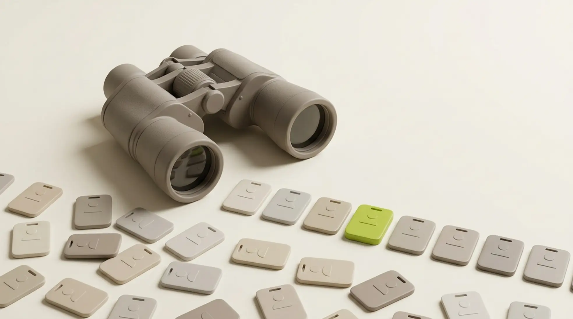 3D render van grijze verrekijker met ID-kaartjes die zich ordenen, één groen gemarkeerd als beste match op rustige achtergrond