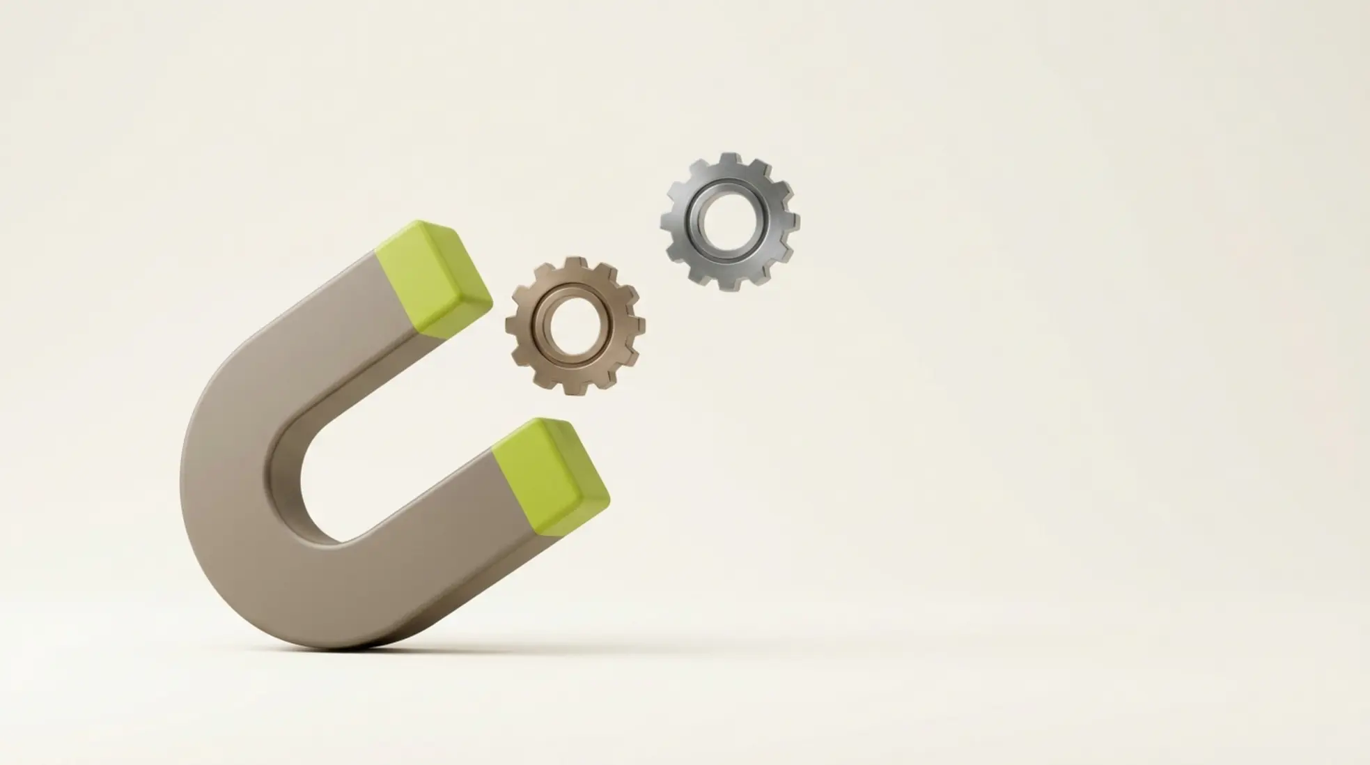 3D render van een hoefijzermagneet die twee tandwielen aantrekt op een rustige lichte achtergrond met veel lege ruimte rechts