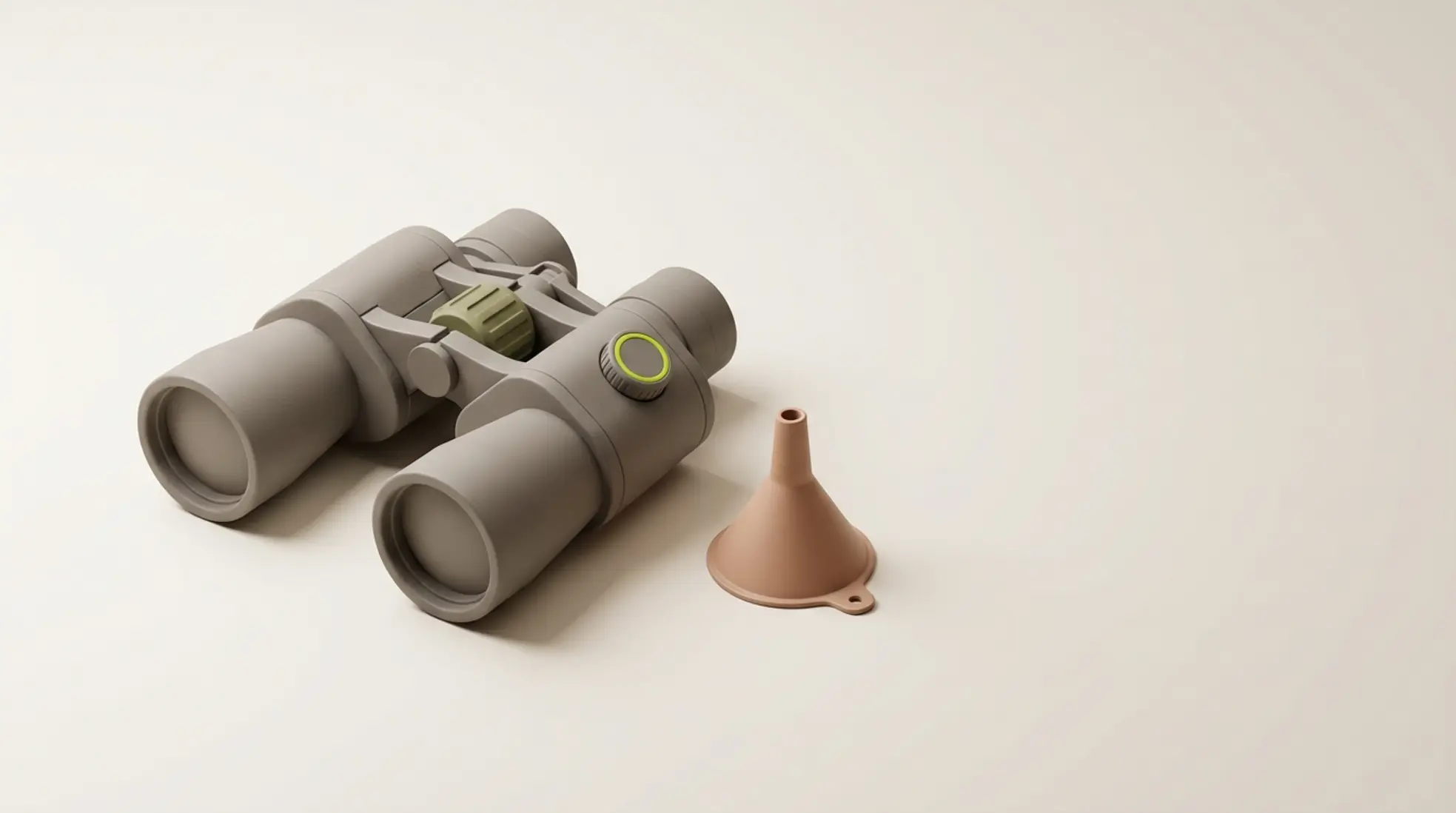 3D render van matte verrekijker met klein trechtertje en subtiel tandwieldetail op rustige lichte achtergrond met veel lege ruimte rechts