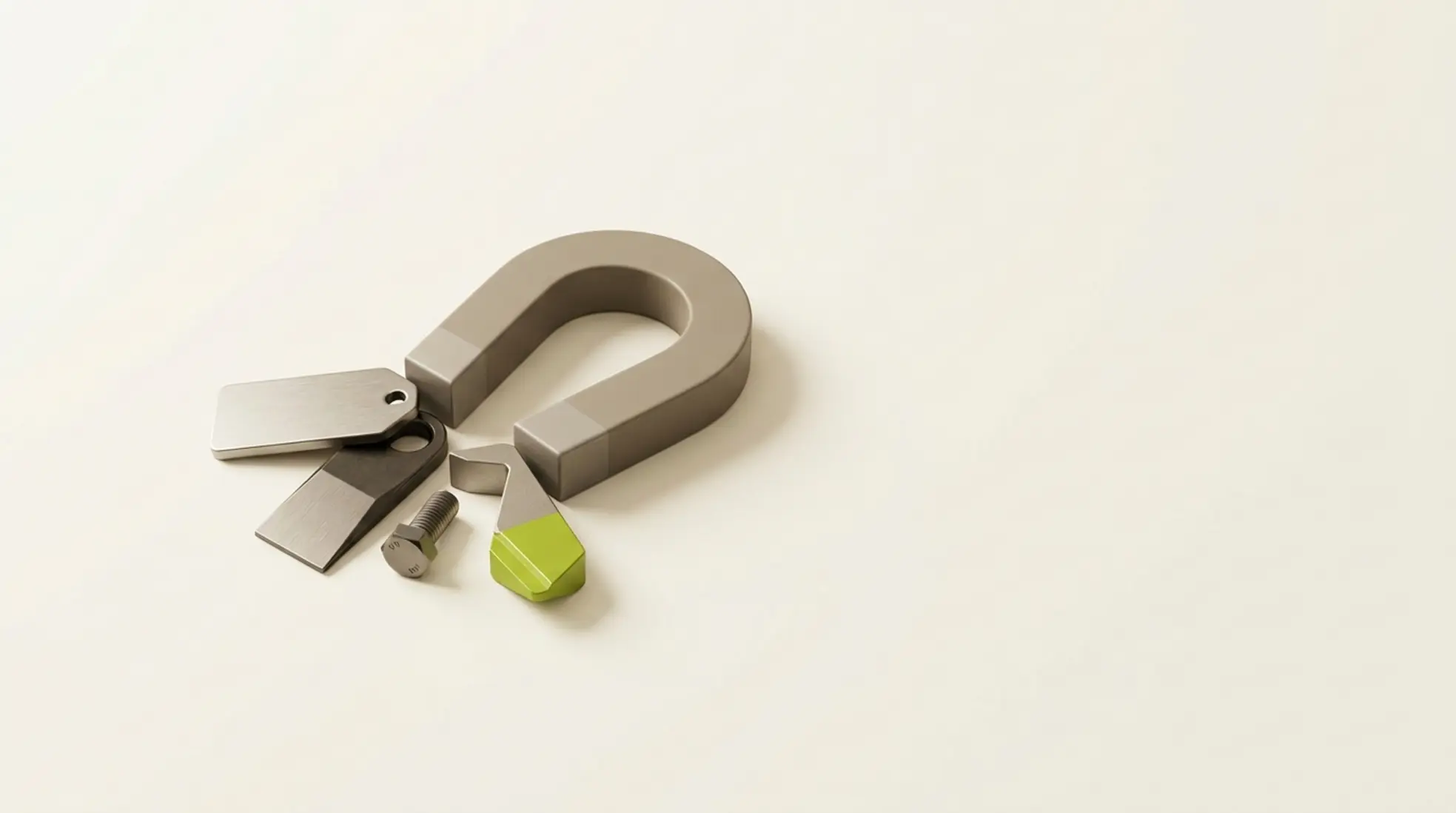 3D render van matte hoefijzermagneet links die diverse metalen vormen aantrekt, één limegroen accent, zachte studioverlichting op lichte achtergrond