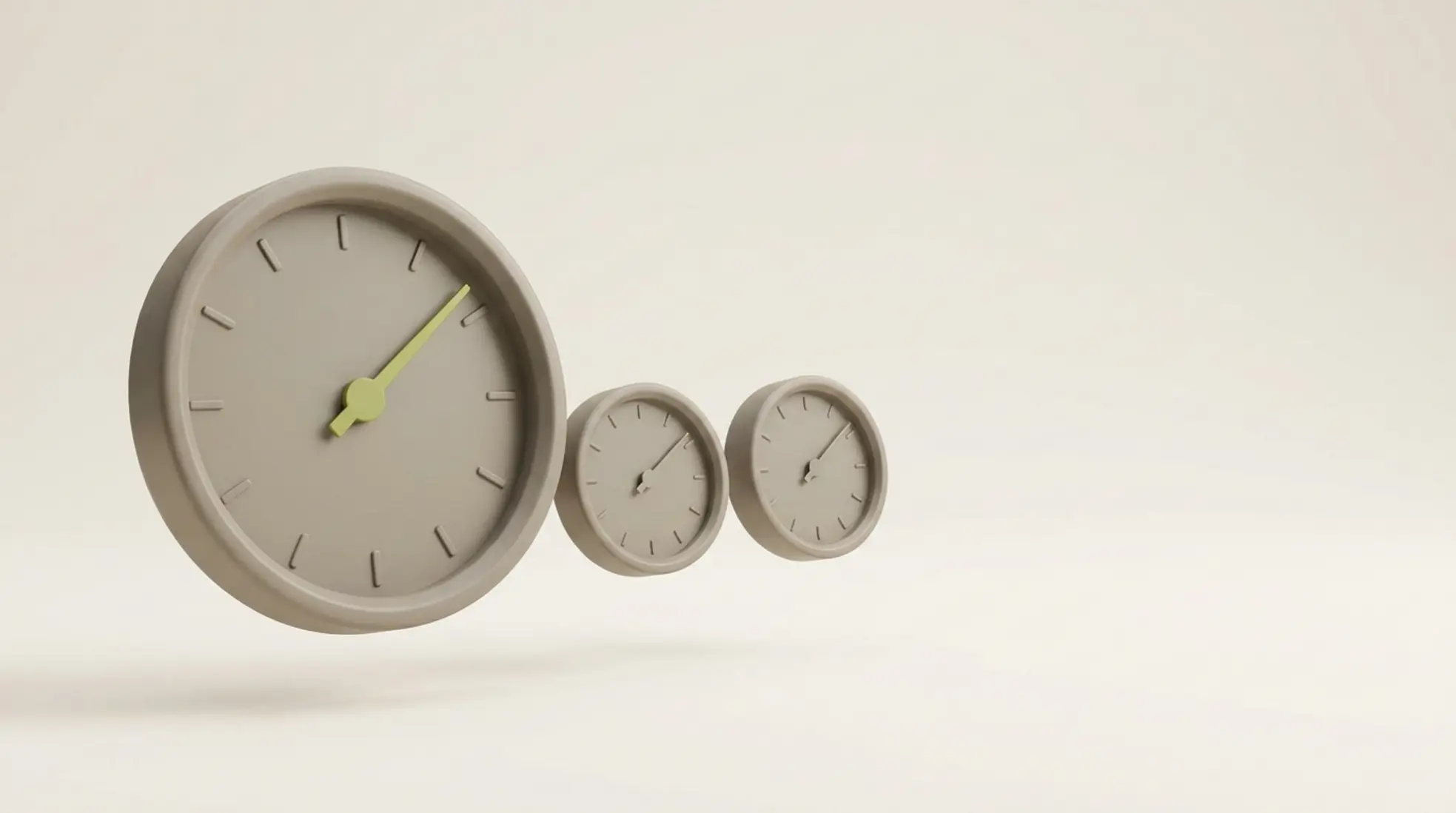 Minimalistische 3D meters met één grote centrale wijzer en twee kleinere, in zachte grijs en zandtinten, subtiel verlicht met veel lege ruimte rechts