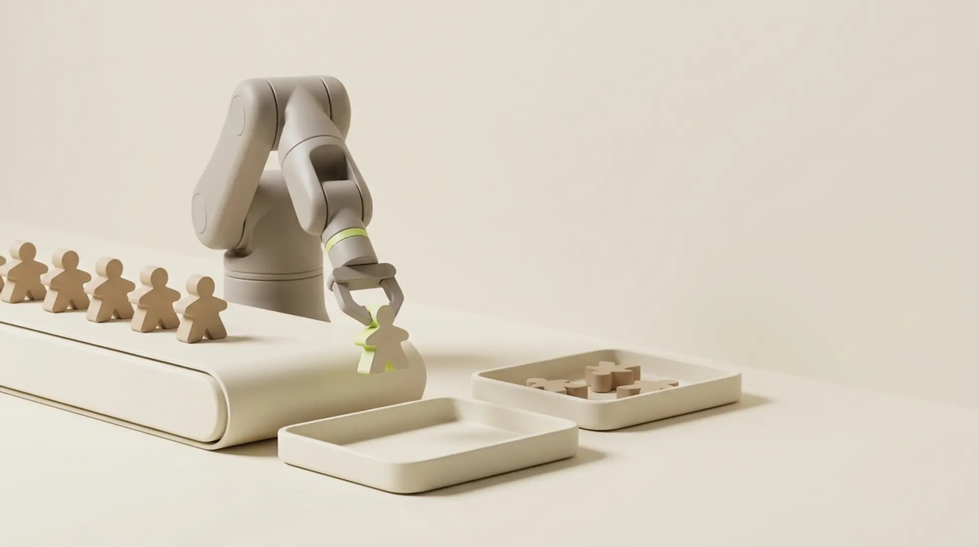 3D robotarm sorteert kleine mensfiguren op lopende band in twee trays, één gemarkeerd groen, minimalistische rustige setting