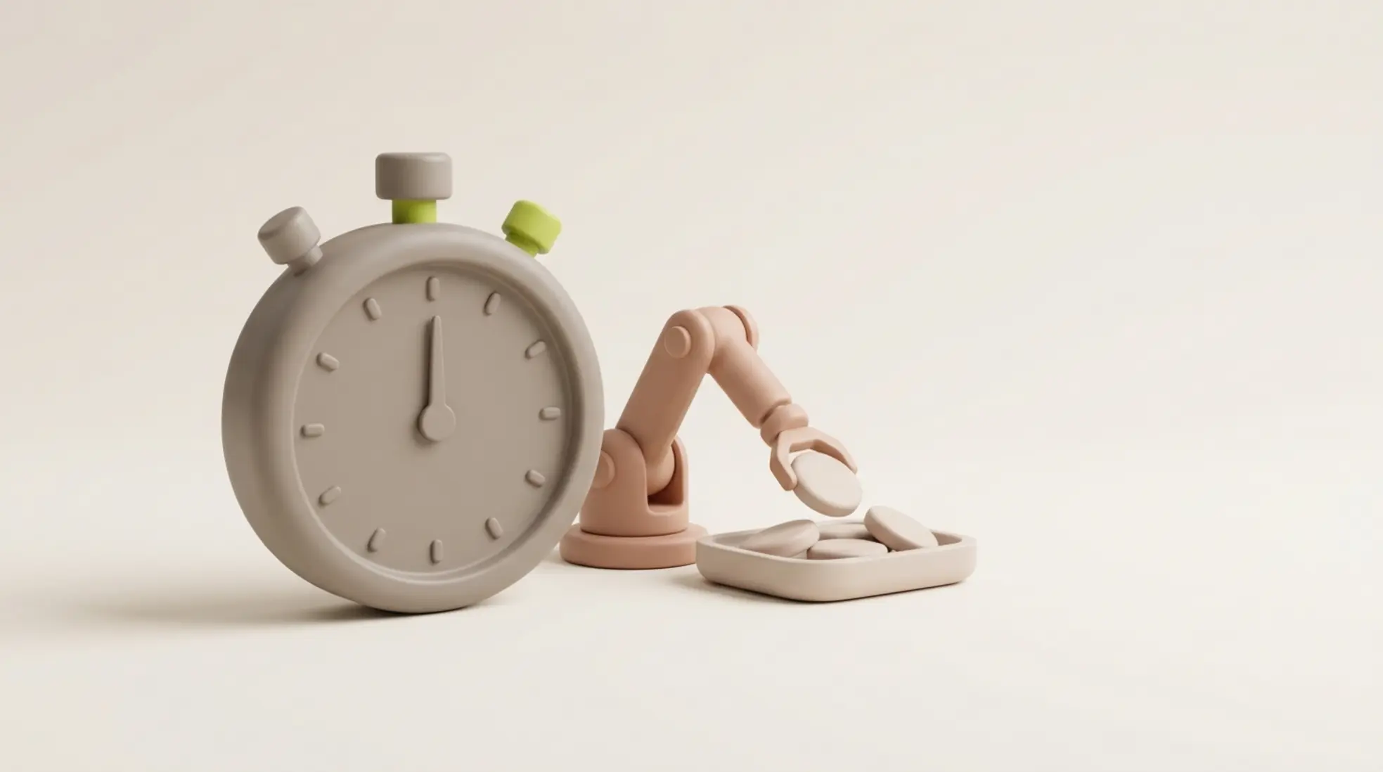 Mat grijze stopwatch met lime accent terwijl kleine robotarm ovale tokens in tray plaatst op minimalistische lichte achtergrond