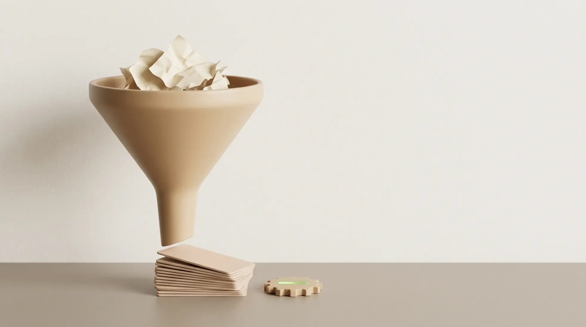 3D render van trechter die rommelige papieren omzet in nette profielkaarten, met subtiel AI-element, zachte matte tinten en minimalistische setting