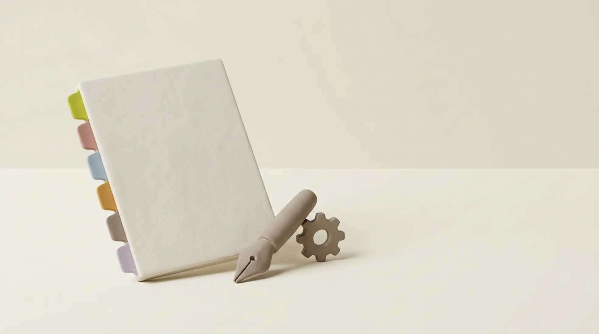 Minimalistische 3D scène met notitieblok met gekleurde tabs penpunt en klein tandwiel op lichte achtergrond met veel lege ruimte
