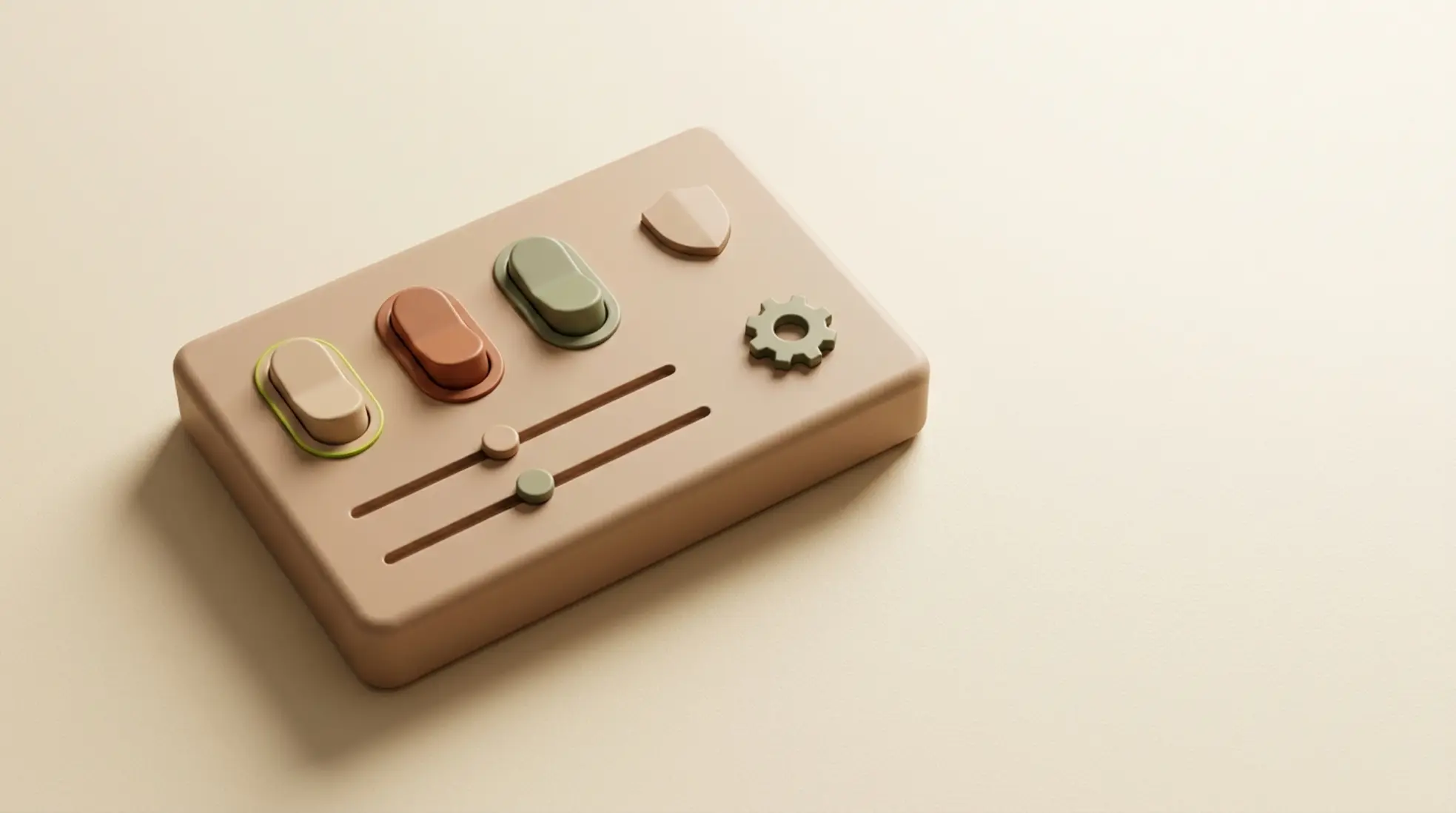 Minimalistisch 3D dashboard met schakelaars, schild en tandwiel in zachte aardetinten, met lege ruimte en subtiel groen accent