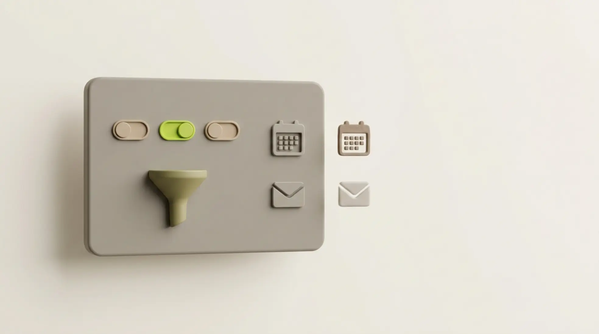 Minimalistisch 3D dashboardpaneel met schakelaars en iconen, één groen actief, met zwevende losse iconen die integratie contrast tonen