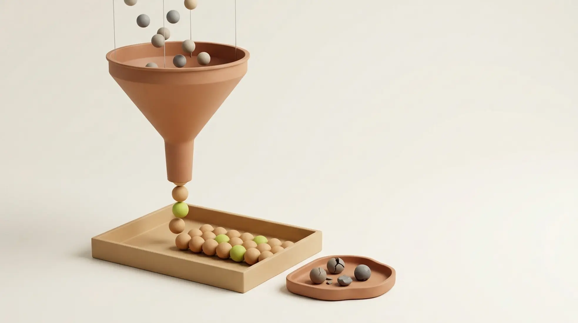 Minimalistische 3D trechter sorteert bolletjes in nette stroom en klein afvalbakje, enkele groen gemarkeerd, zachte neutrale tinten op lichte achtergrond
