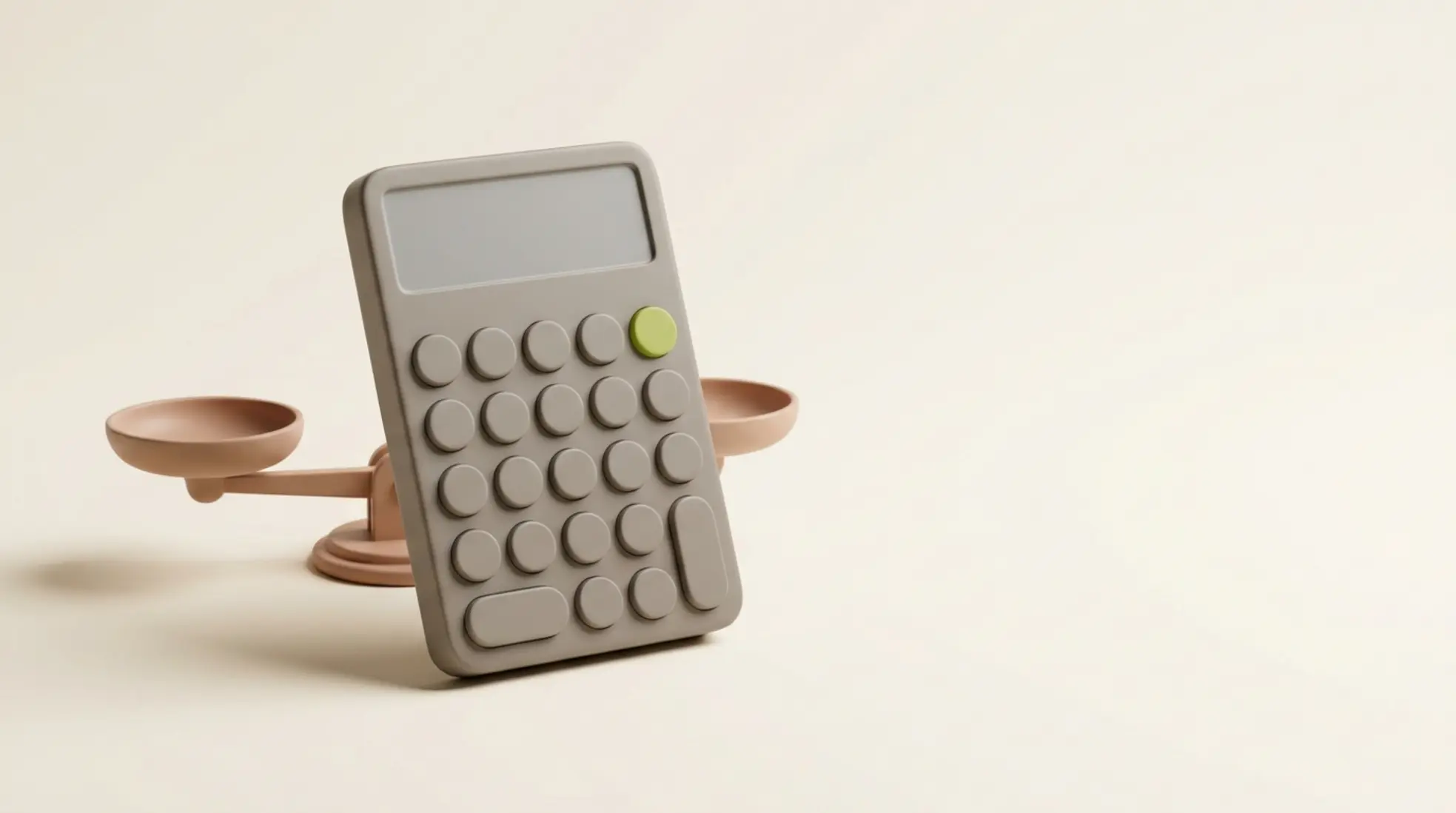 Minimalistische 3D rekenmachine met groene knop en kleine balansweegschaal op warme lichte achtergrond met veel lege ruimte rechts