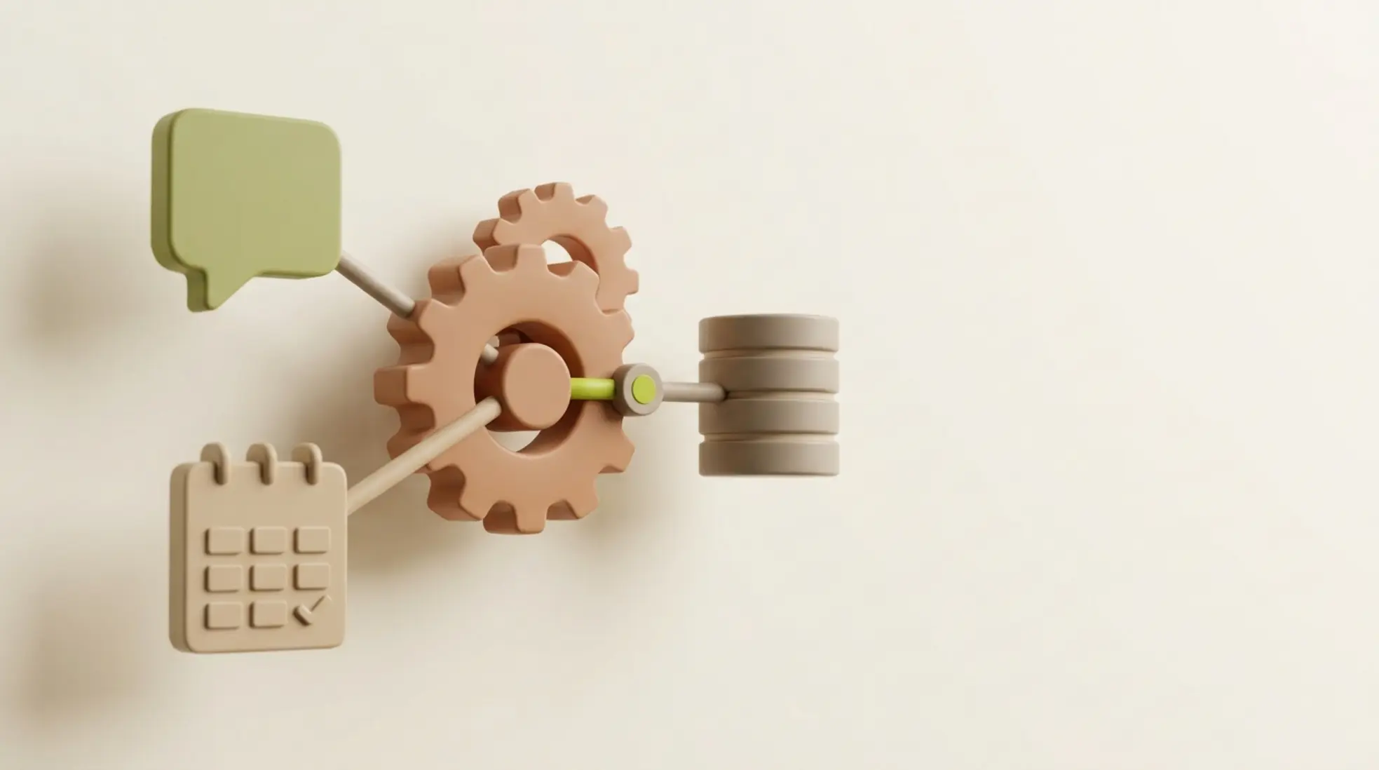 Minimalistische 3D render van tandwiel met chat, kalender en database iconen die geautomatiseerde systemen tonen op lichte achtergrond