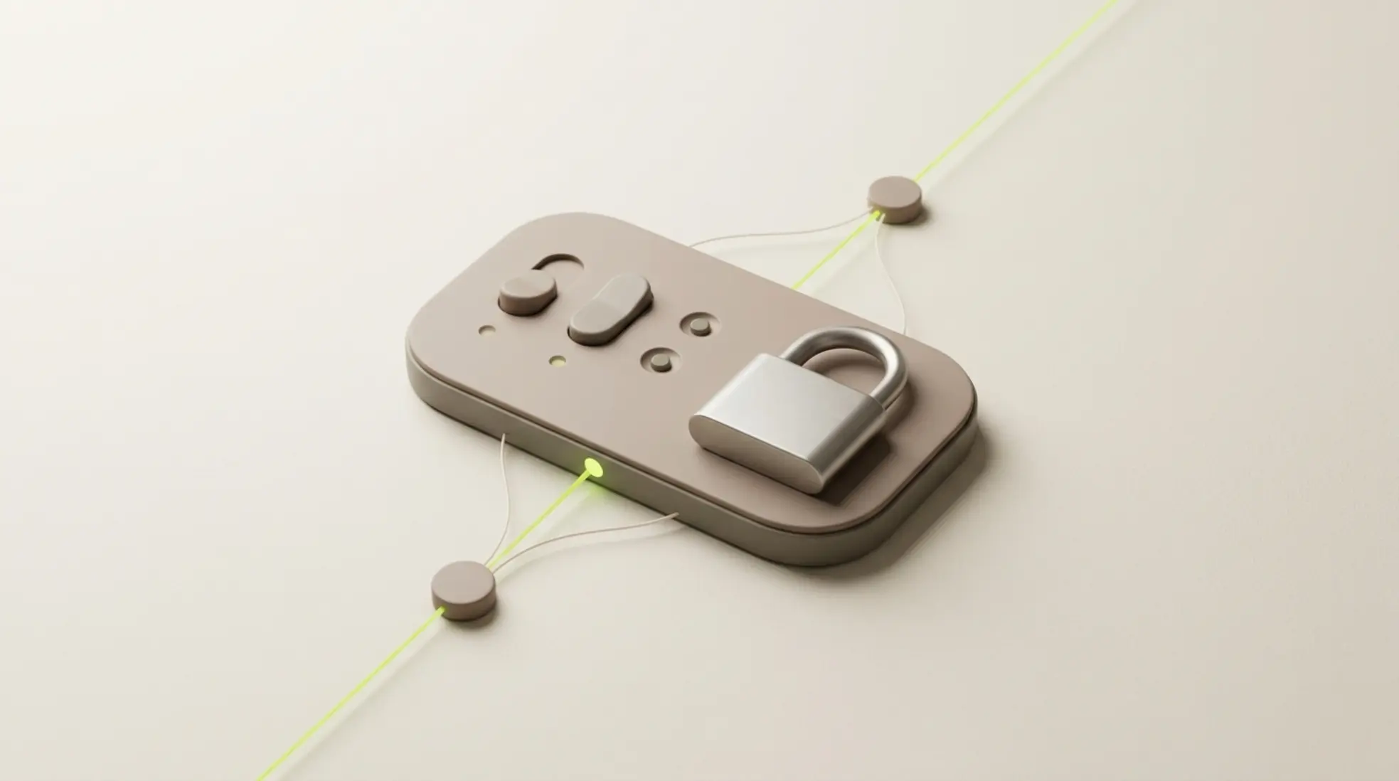 Minimalistische 3D render van modern bedieningspaneel met schakelaars en geïntegreerd hangslot en verbonden nodes met één groene indicator op lichte achtergrond