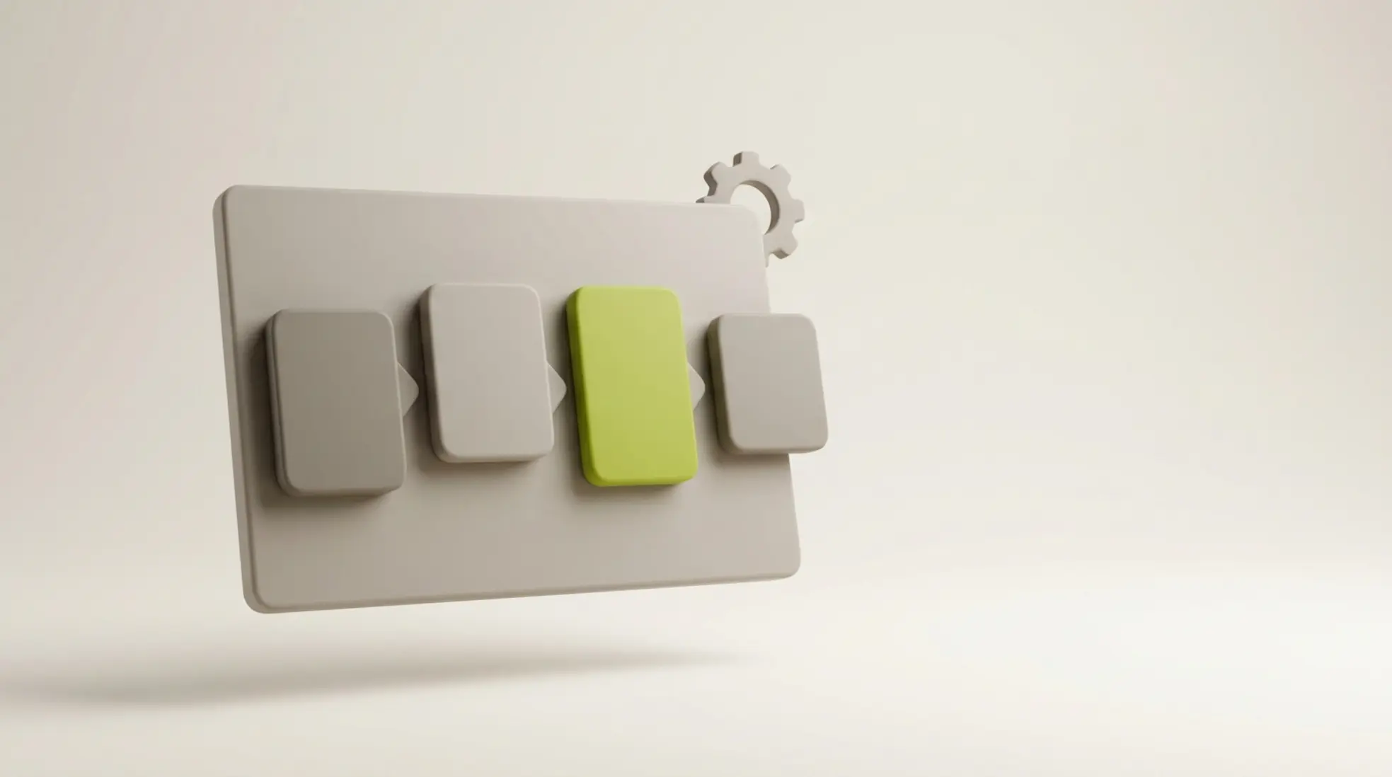 Minimalistisch 3D dashboardpaneel met wervingspipeline en zwevende kaarten zachte tinten met één groen accent tegen lichte achtergrond