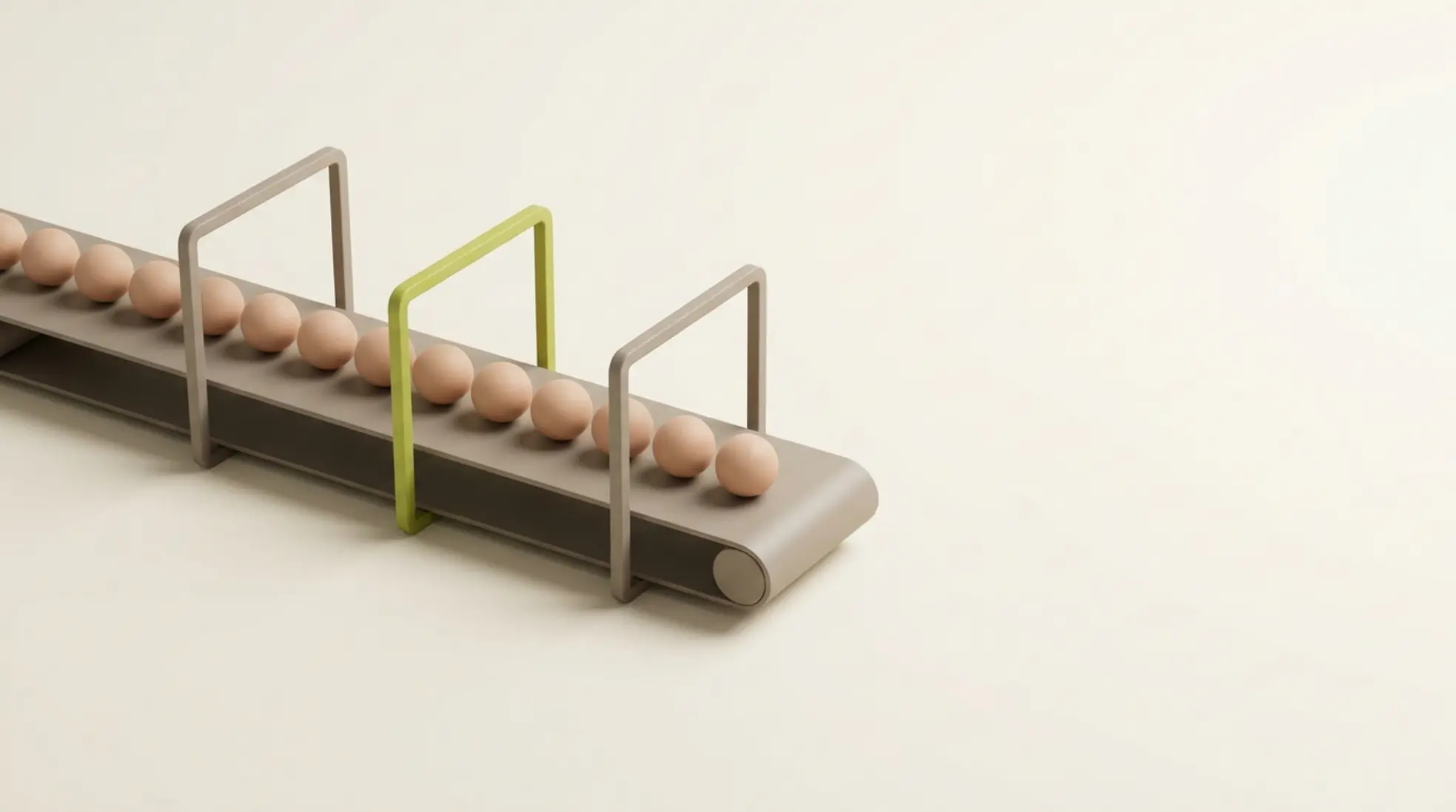 Minimalistische 3D lopende band met bollen als kandidaten door drie poorten, één groen gemarkeerd, metafoor voor werving.