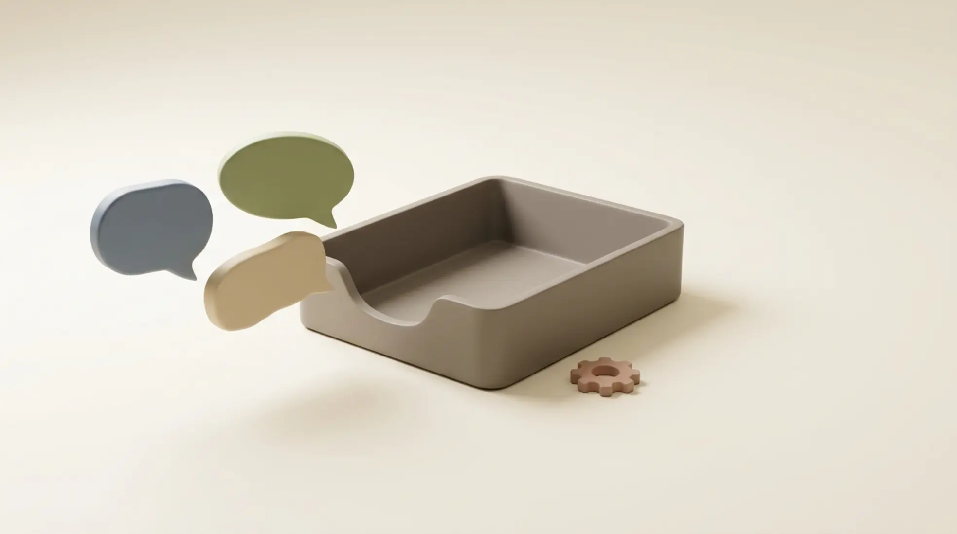 3D render van inboxbak met drie chatballonnen in zachte kleuren die samenkomen en een klein tandwiel op lichte minimalistische achtergrond