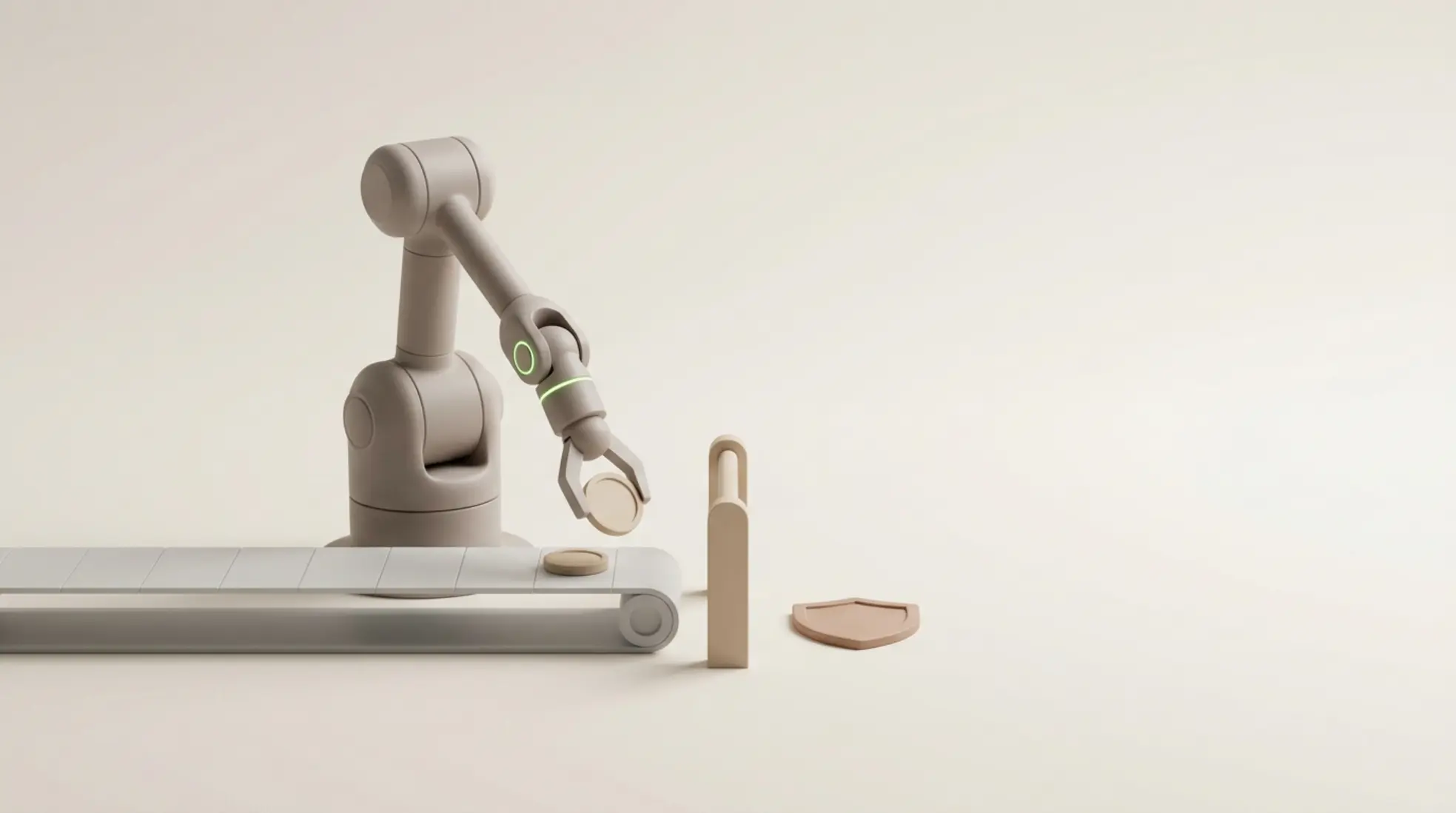3D render van robotarm die tokens op een transportband plaatst bij een poort met schild, symbool voor gecontroleerde automatisering en toezicht