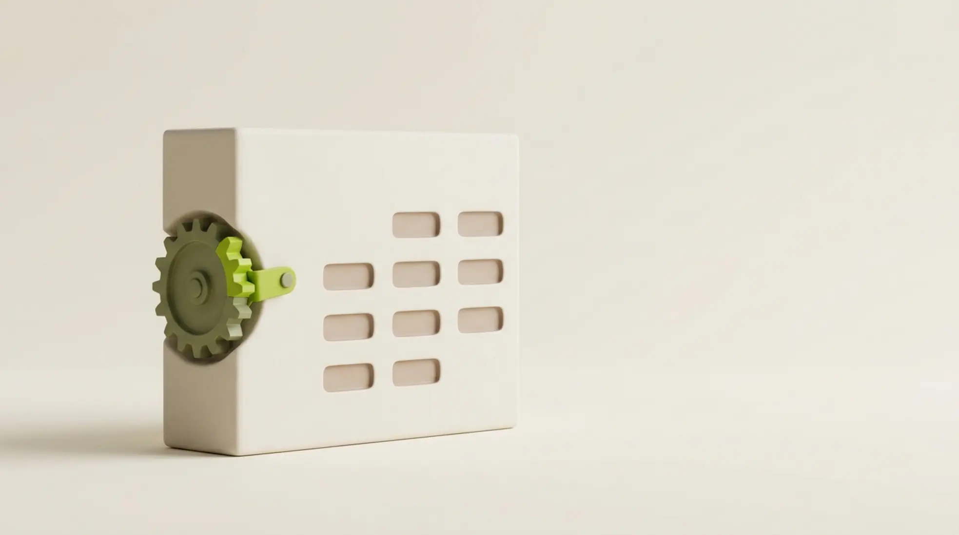 Minimalistische 3D kalenderblok met subtiele tijdsvakken en klein tandwiel voor automatisering in zachte studioverlichting met veel lege ruimte