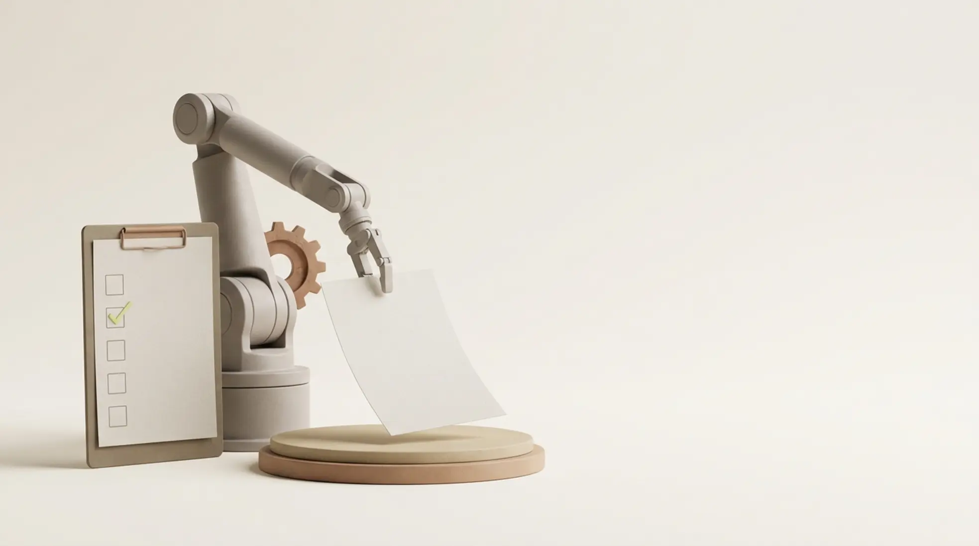3D scene van matte robotarm die een vel papier op een sorteerplatform legt naast een clipboard met één groen vinkje, met tandwiel op rustige achtergrond