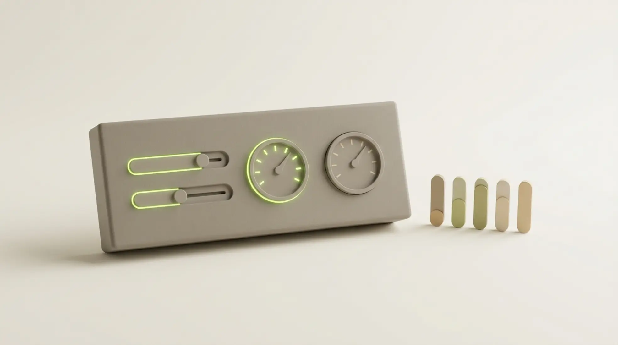Minimalistisch 3D dashboardpaneel met sliders en meters, één in limegroen, zachte belichting en veel lege ruimte rechts