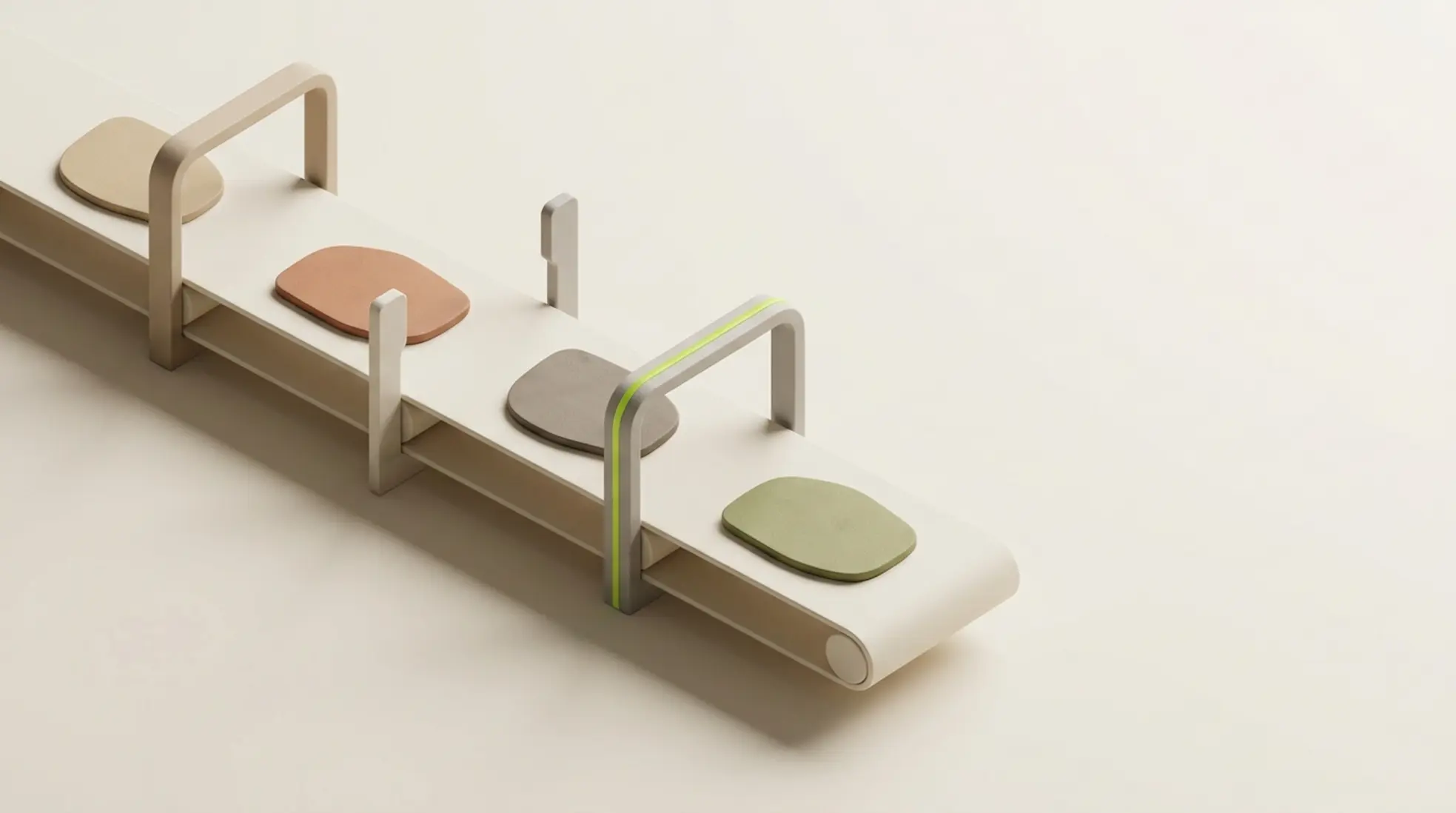 Minimalistische 3D lopende band met naam badges langs checkpoints op warme achtergrond, symbool voor employee journey en groei